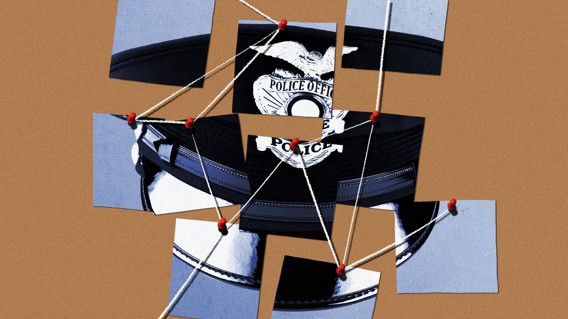 Illustration of multiple photos of a police hat on an evidence board with pins and string.