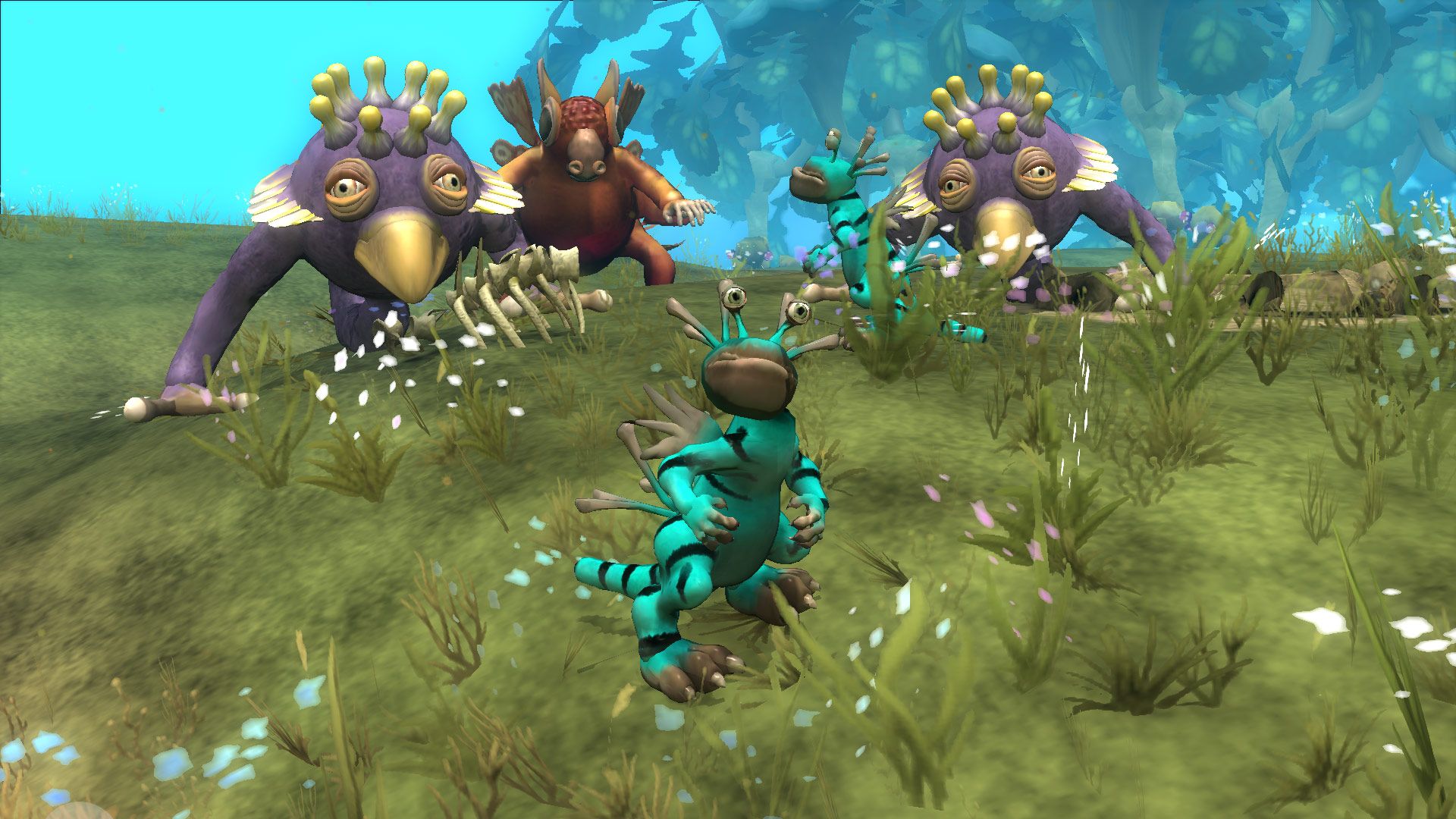 Video game screenshot of space aliens standing on grass