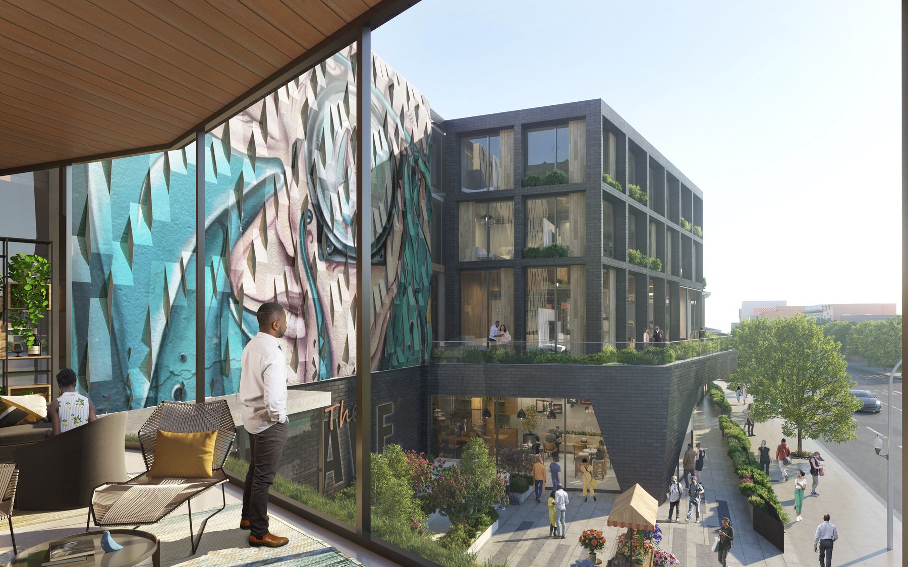 Rendering of a man standing on an outdoor deck looking at street 