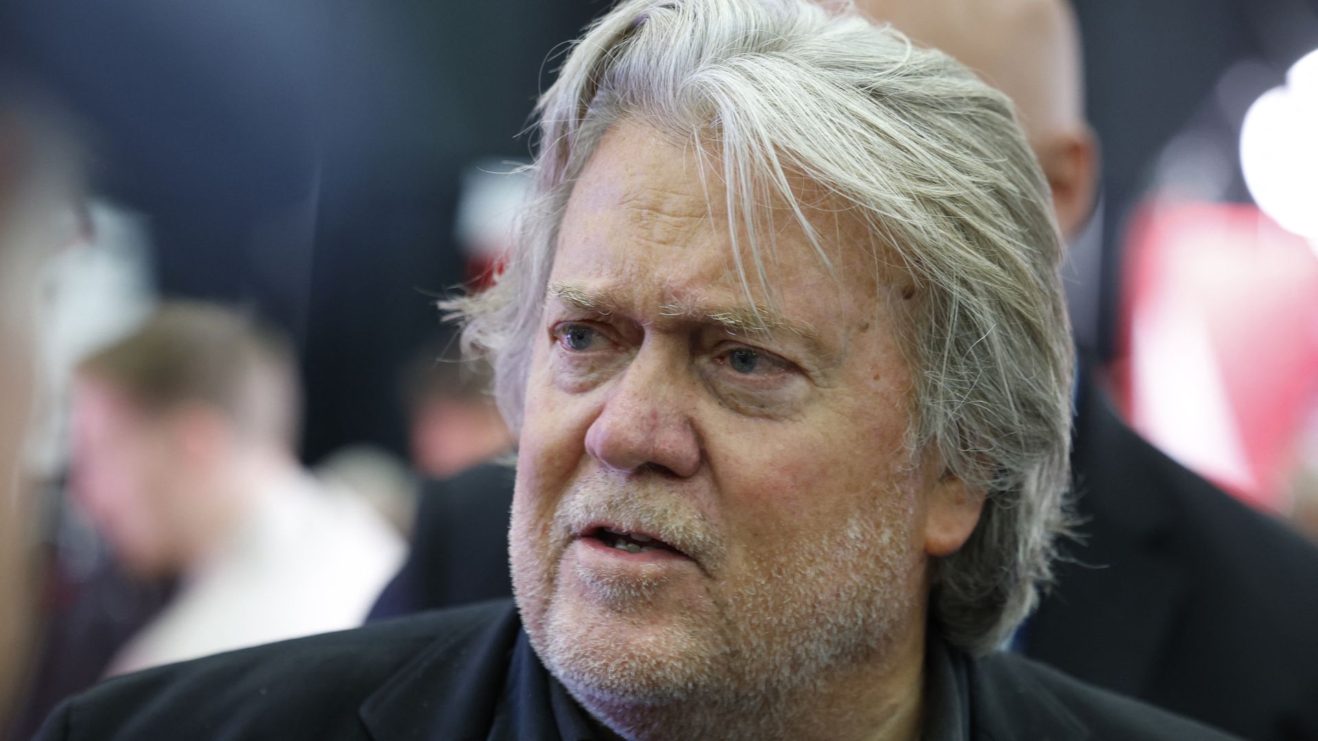 Former White House Chief Strategist Steve Bannon records his TV show before speaking at the "Turning Points: The People's Convention" on June 15, 2024 at Huntington Place Convention Center in Detroit, Michigan. 