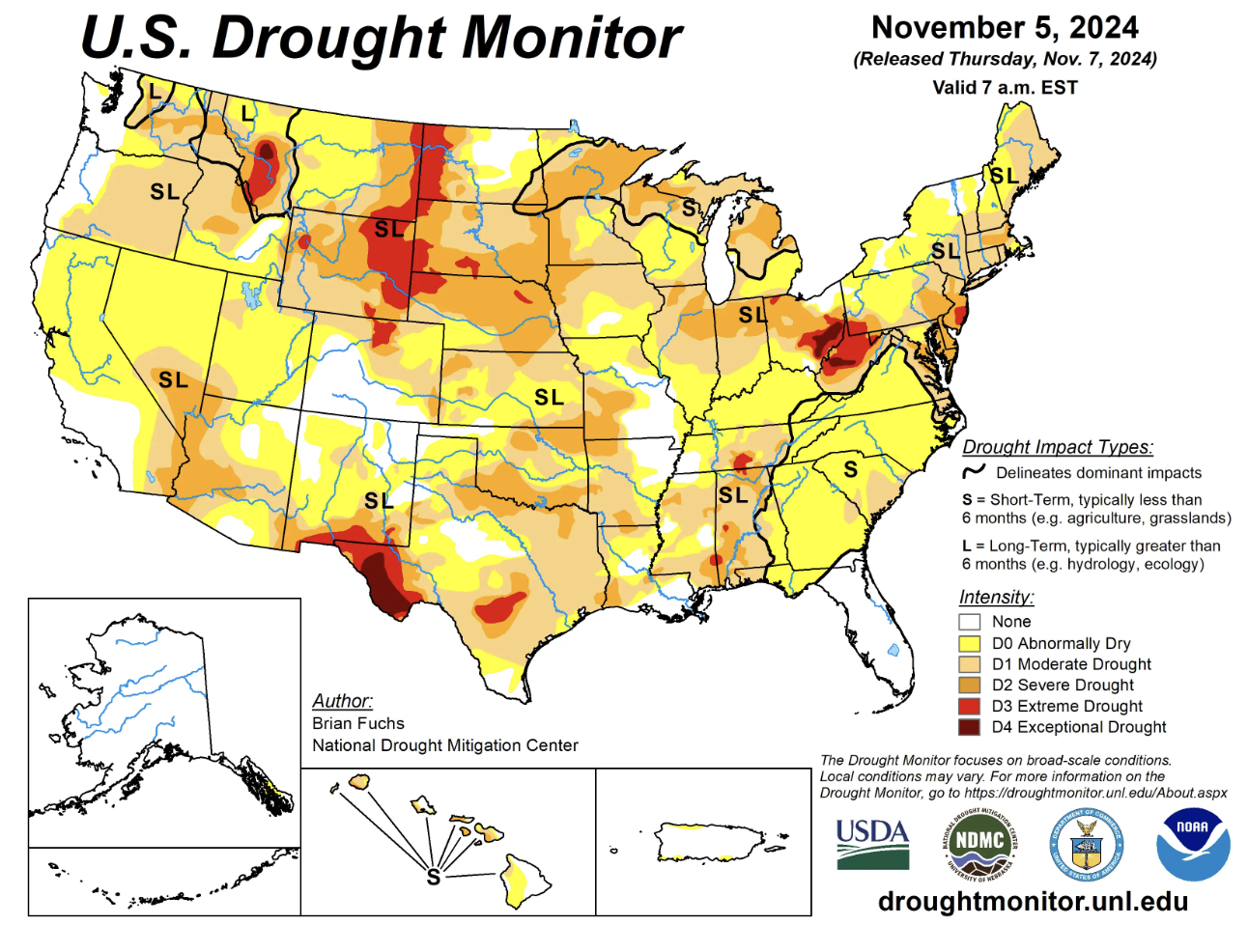 A map showing most of the U.S. in drought, including the Northeast, most of which is colored yellow to signify "abnormally dry."