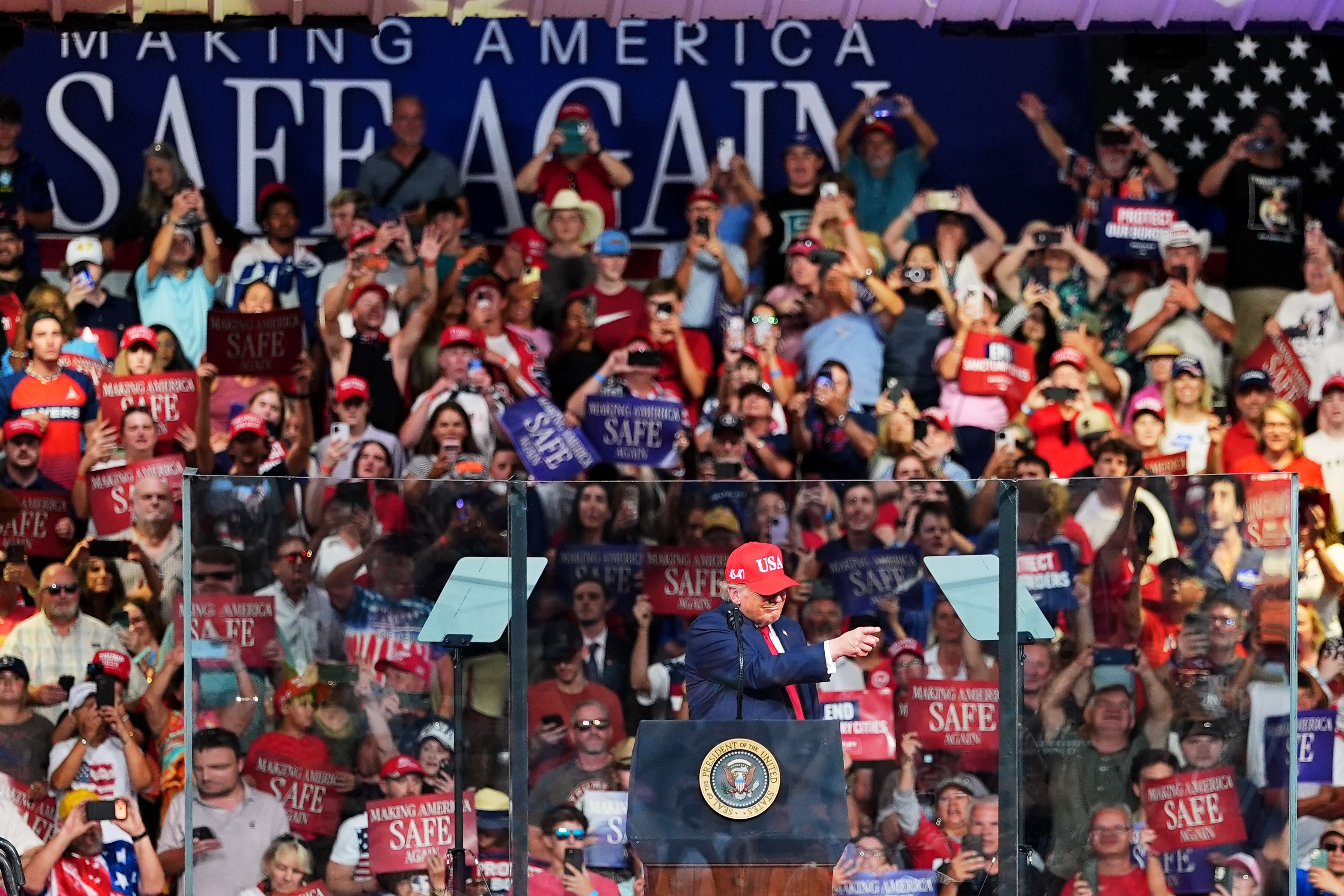 President Trump attends a campaign rally for Republican Senate hopeful Michael Whatley yesterday in Gastonia, N.C.