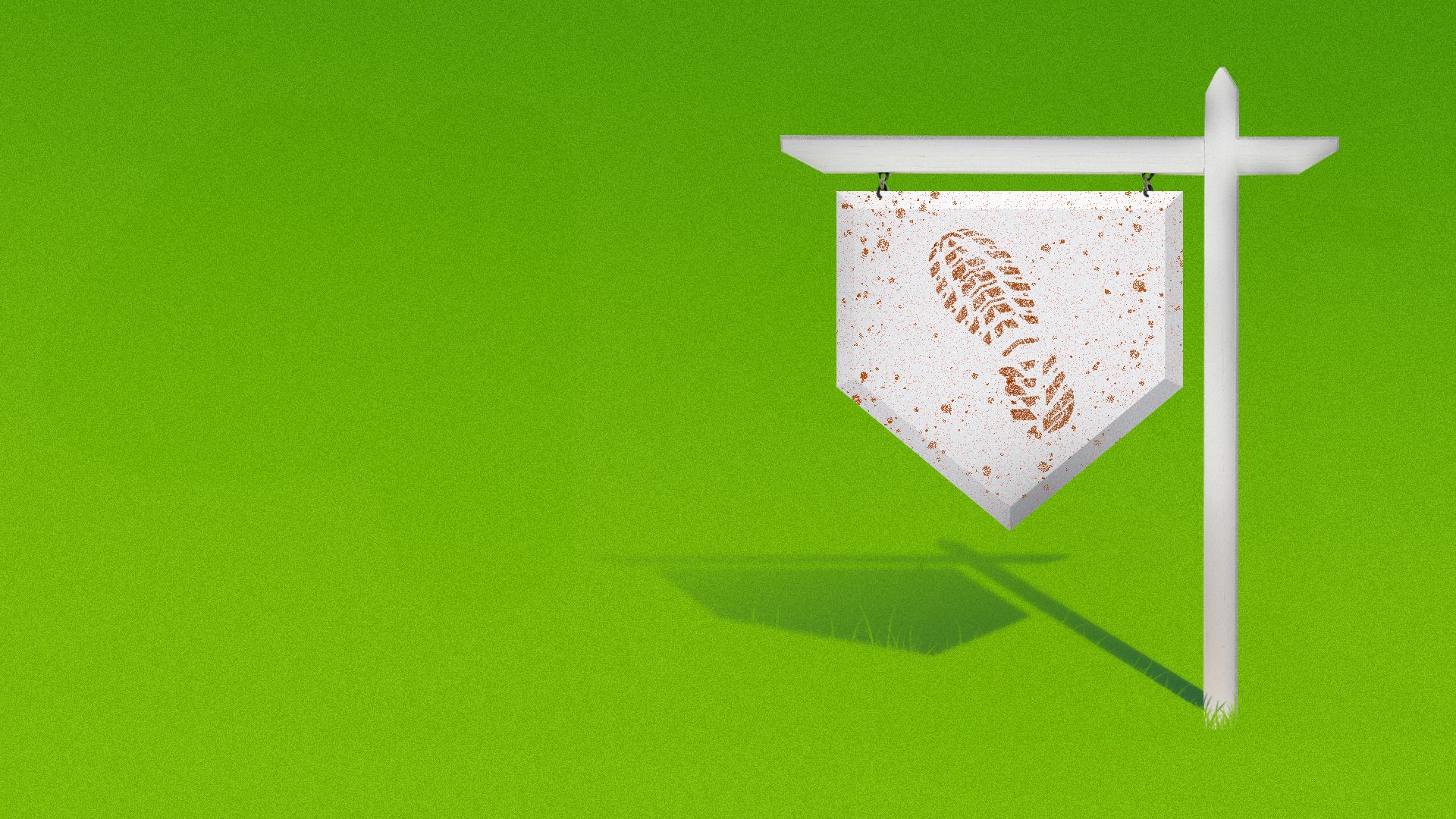 Illustration of a for sale sign with a home base hanging from the cross bar. 