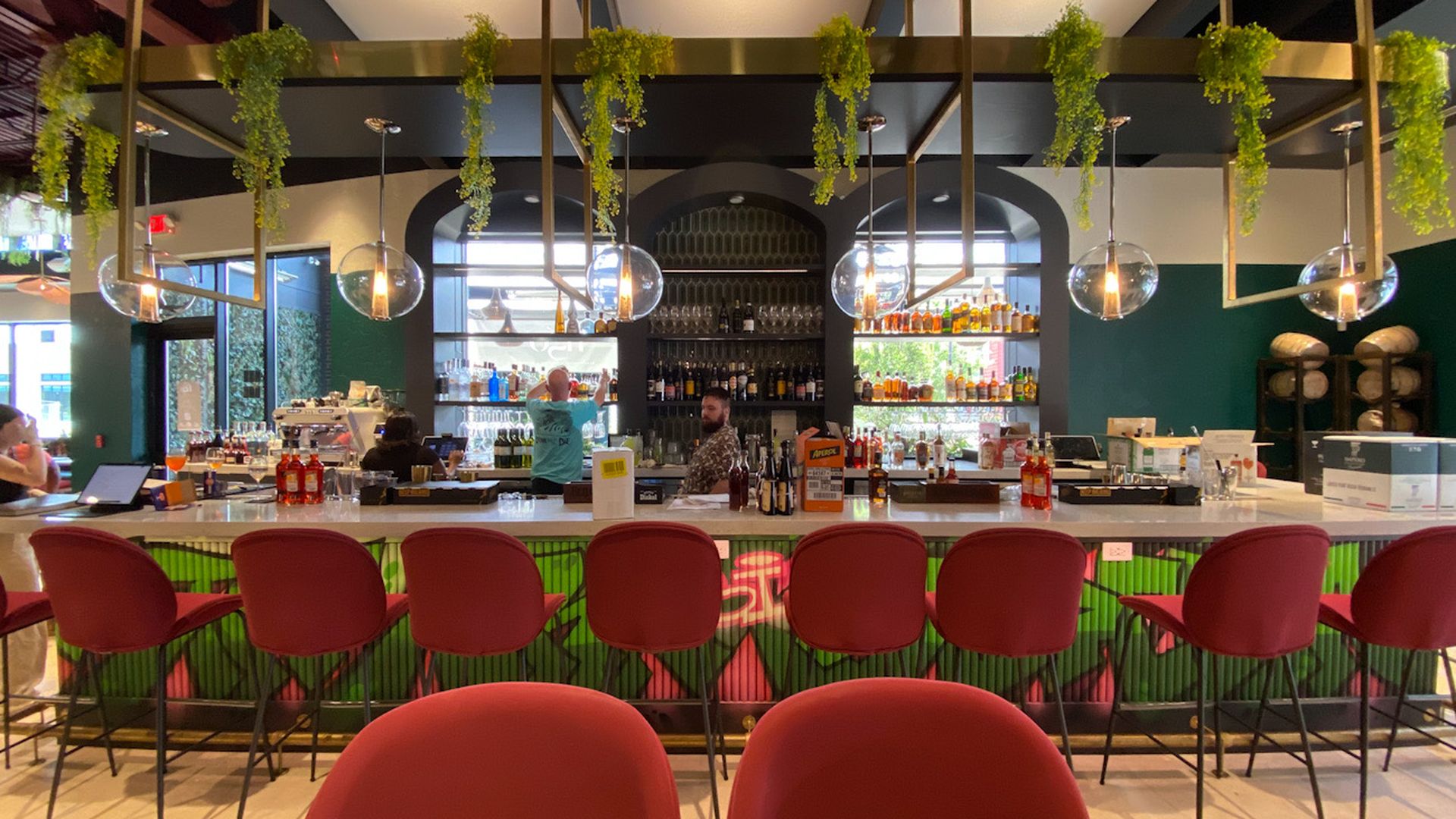 bar inside a restaurant with hanging plants on the ceiling