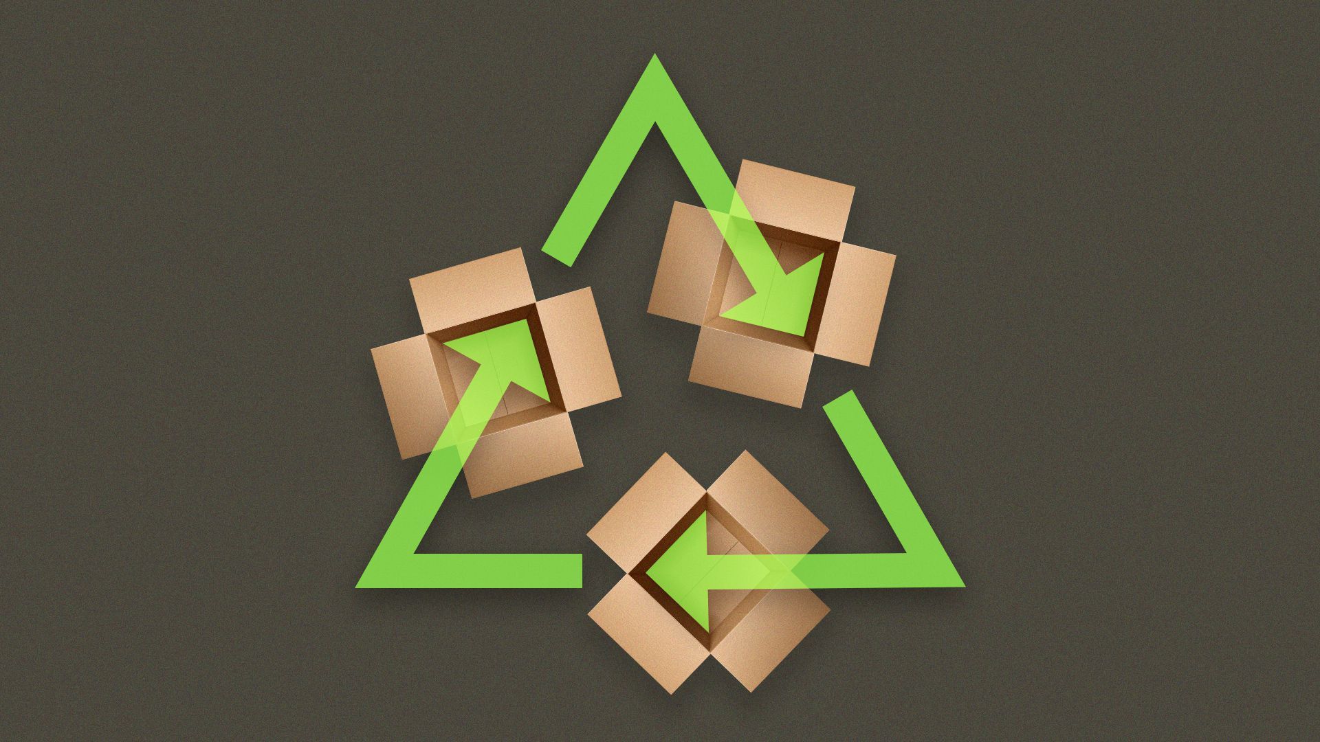 Illustration of three cardboard boxes forming the arrowheads on a recycle symbol.