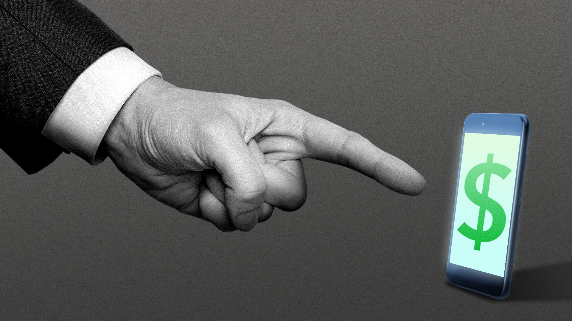 Illustration of a hand in a suit pointing sternly at a cell phone with a dollar sign on the screen.