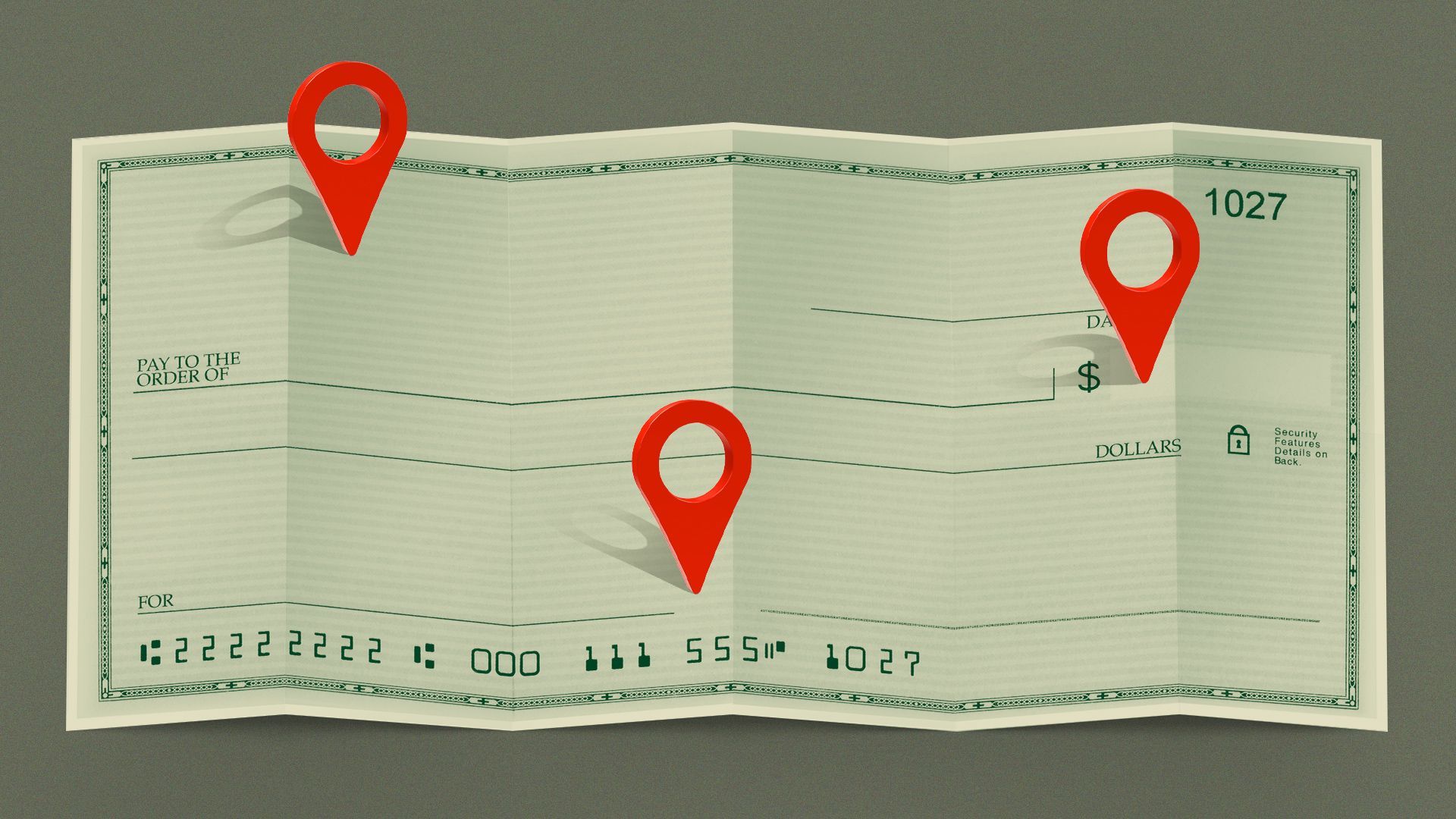 Illustration of a check stylized as an unfolded map with multiple 3D navigation icons on the check. 