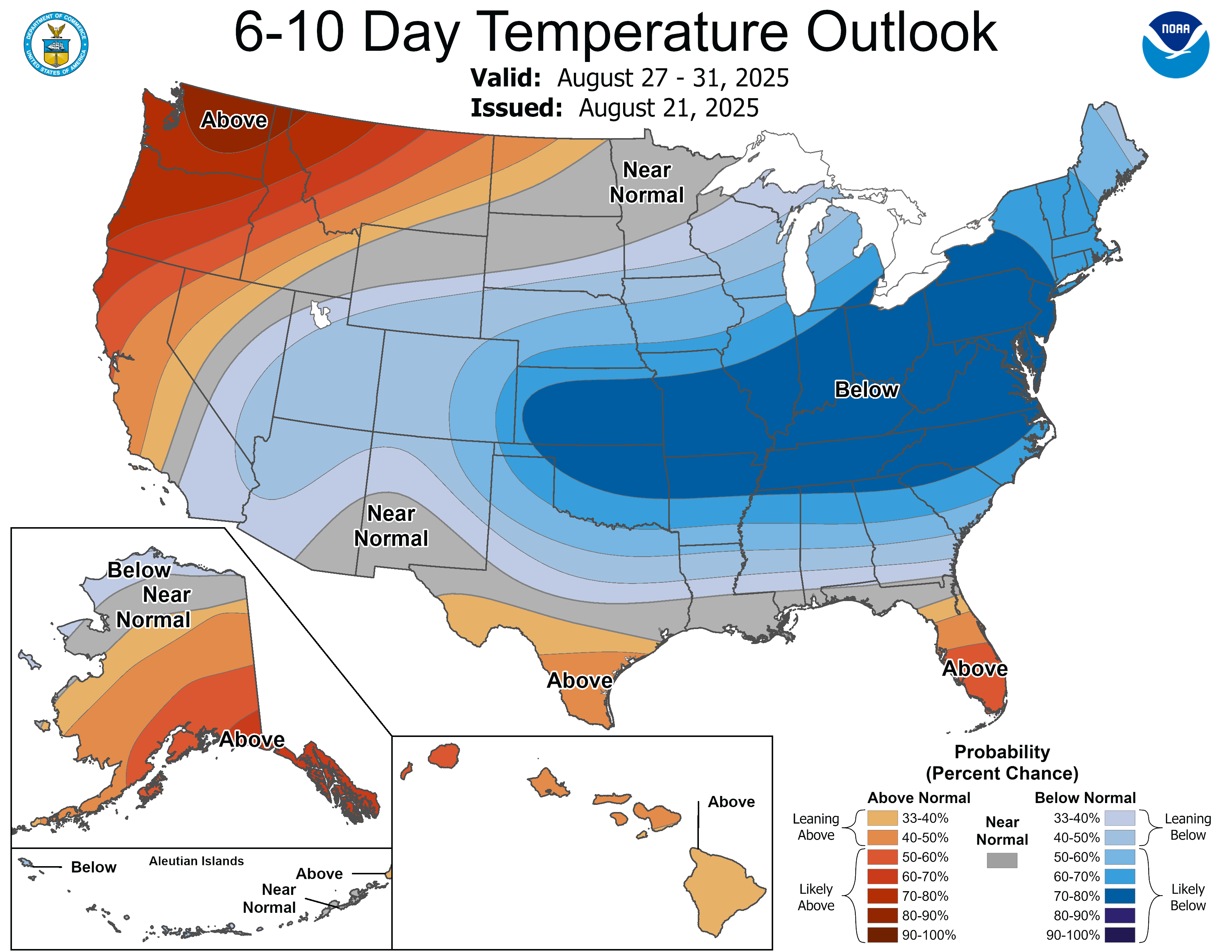 USA 6-10 day temperature outlook map for Aug 27-31, 2025, shows above normal temps in Pacific NW, Alaska, Florida, Texas, and Hawaii; below normal temps across central and eastern states; near normal elsewhere.