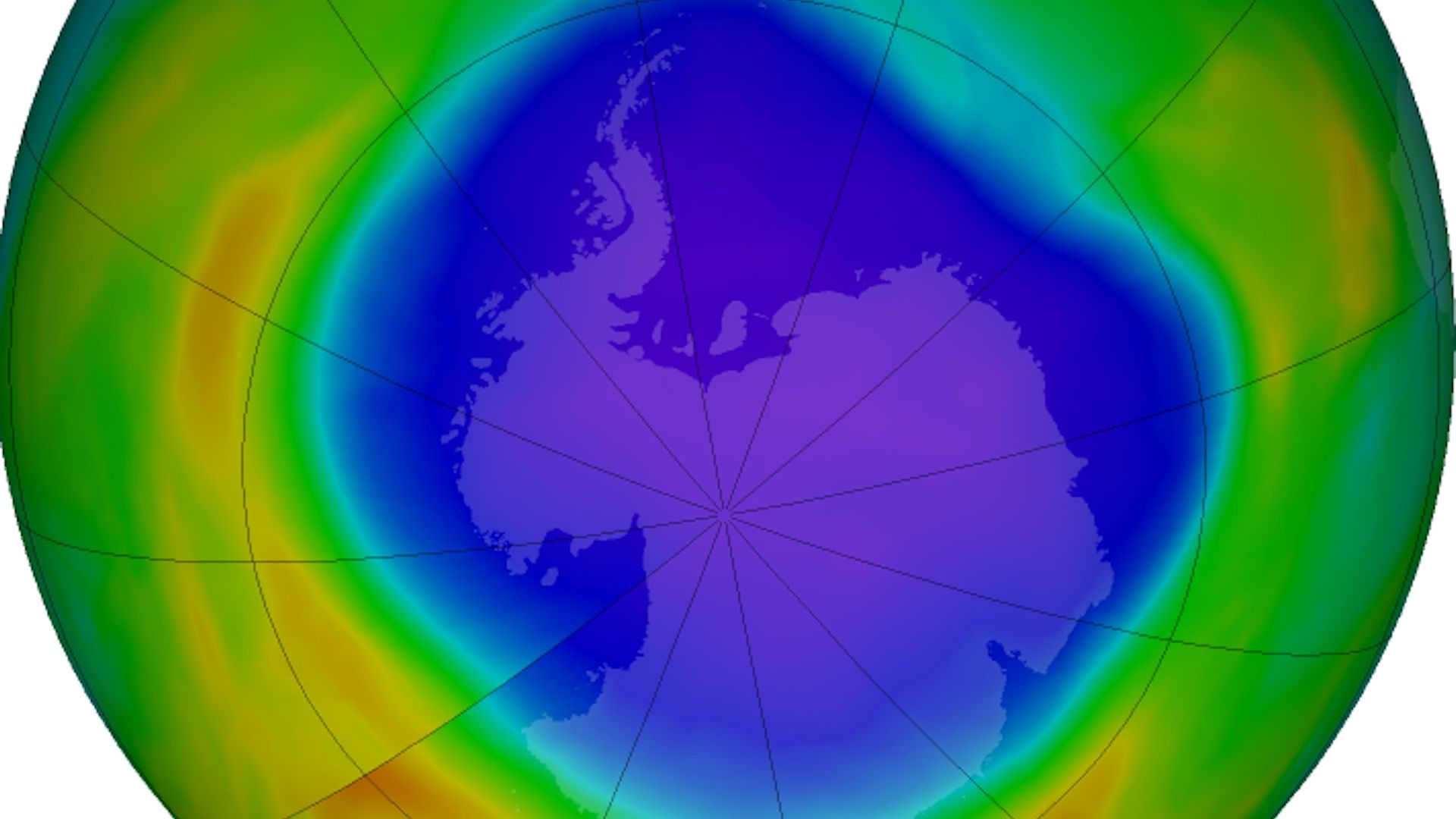 False-color view of total ozone over the Antarctic pole in 2018.