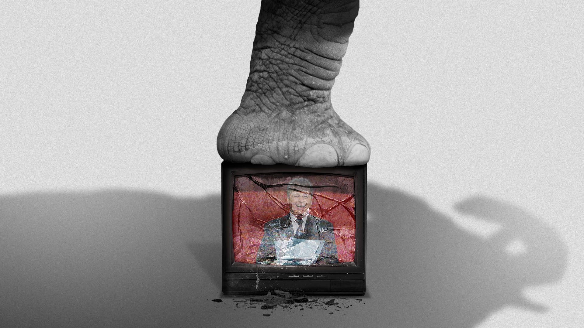 Illustration of an elephant stepping on and breaking a television with a news anchor on the screen