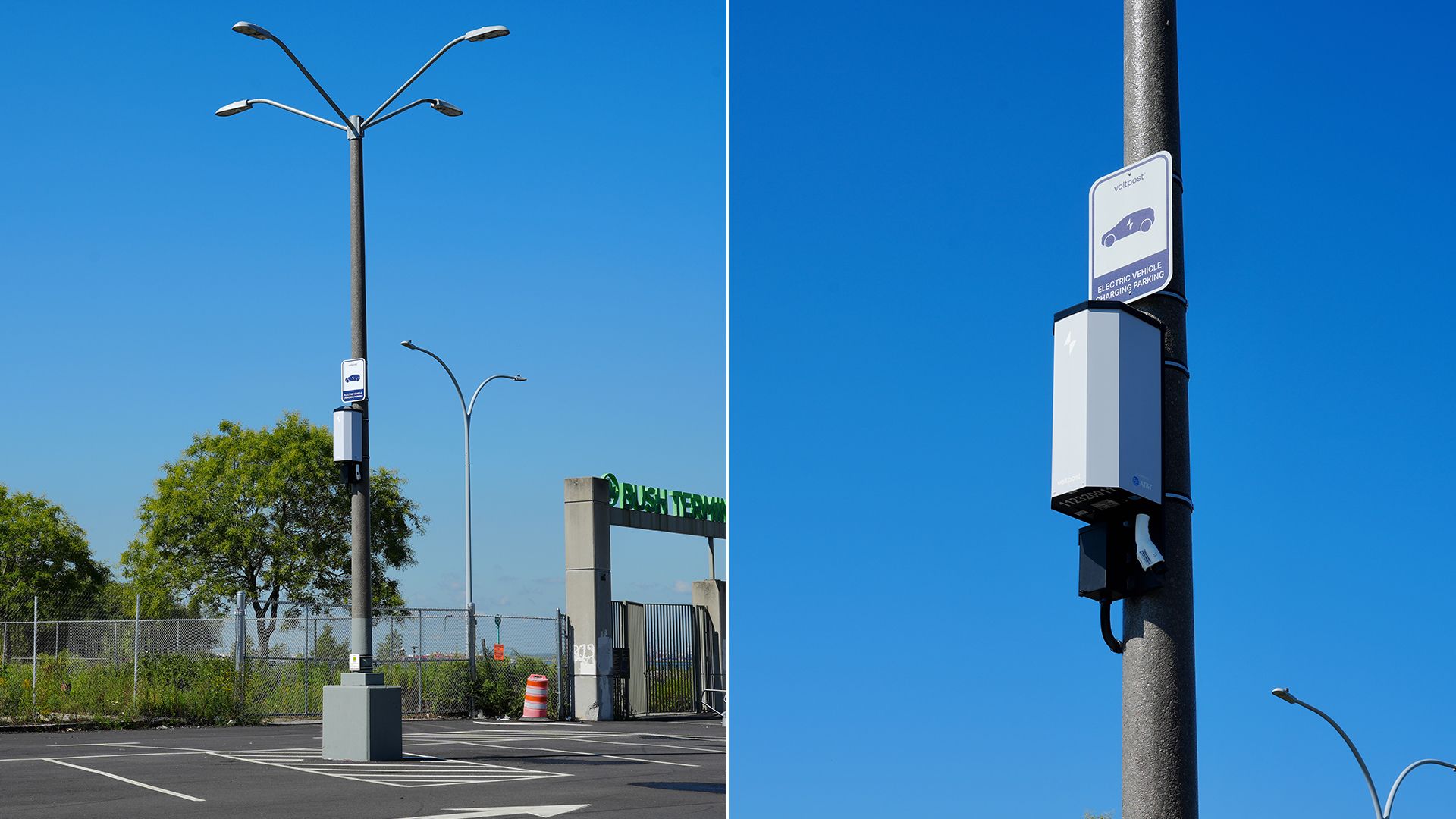 Side by side photos. One is an Electric vehicle charging station mounted on a tall streetlight pole in an empty parking lot under a clear blue sky with green trees and a gated area in the background. Second photo is a close-up of rthe compact charger on the pole.