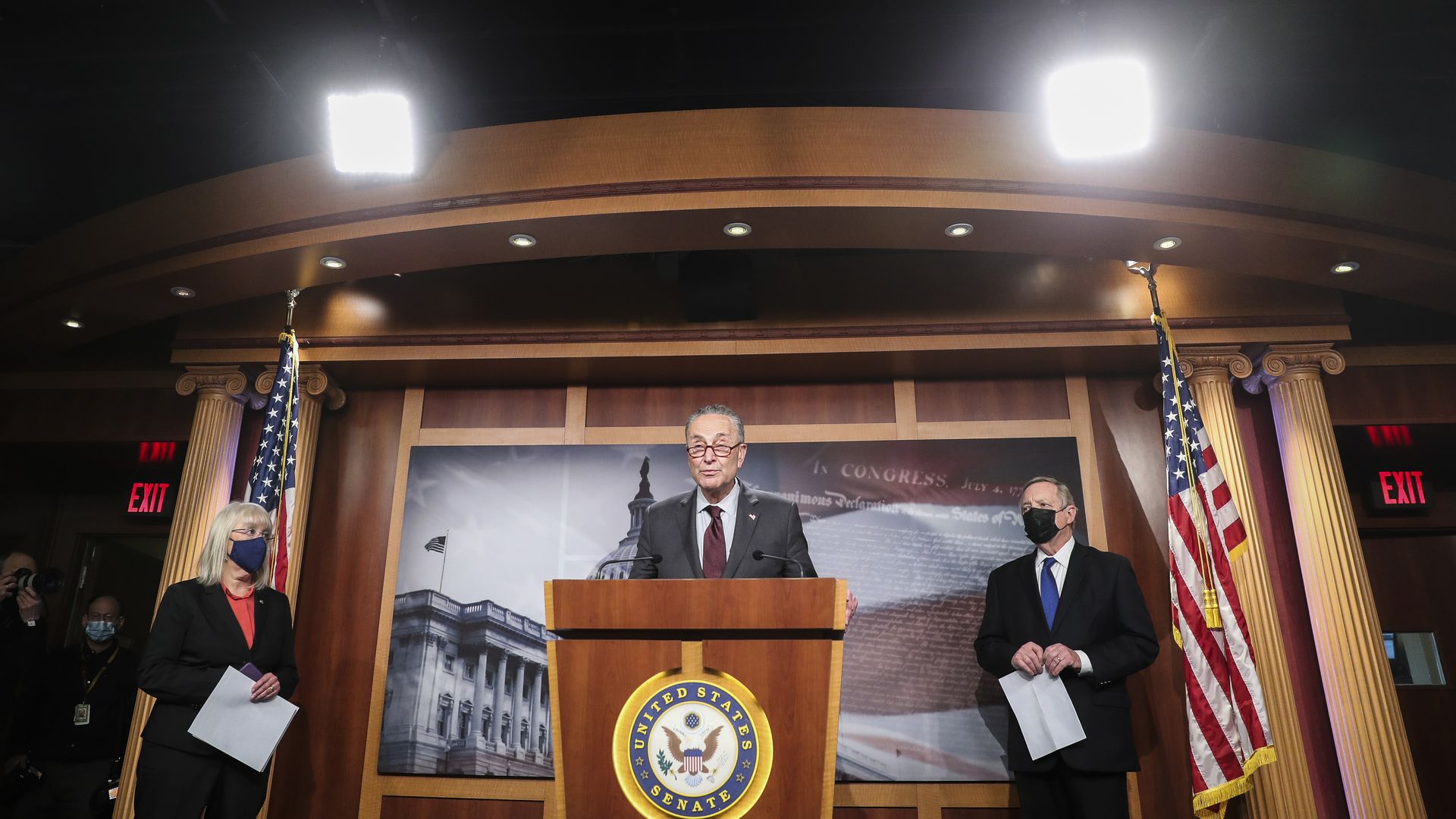 Senate Majority Leader Chuck Schumer is seen Tuesday as he discusses the Democrats' $1.9 trillion stimulus plan.