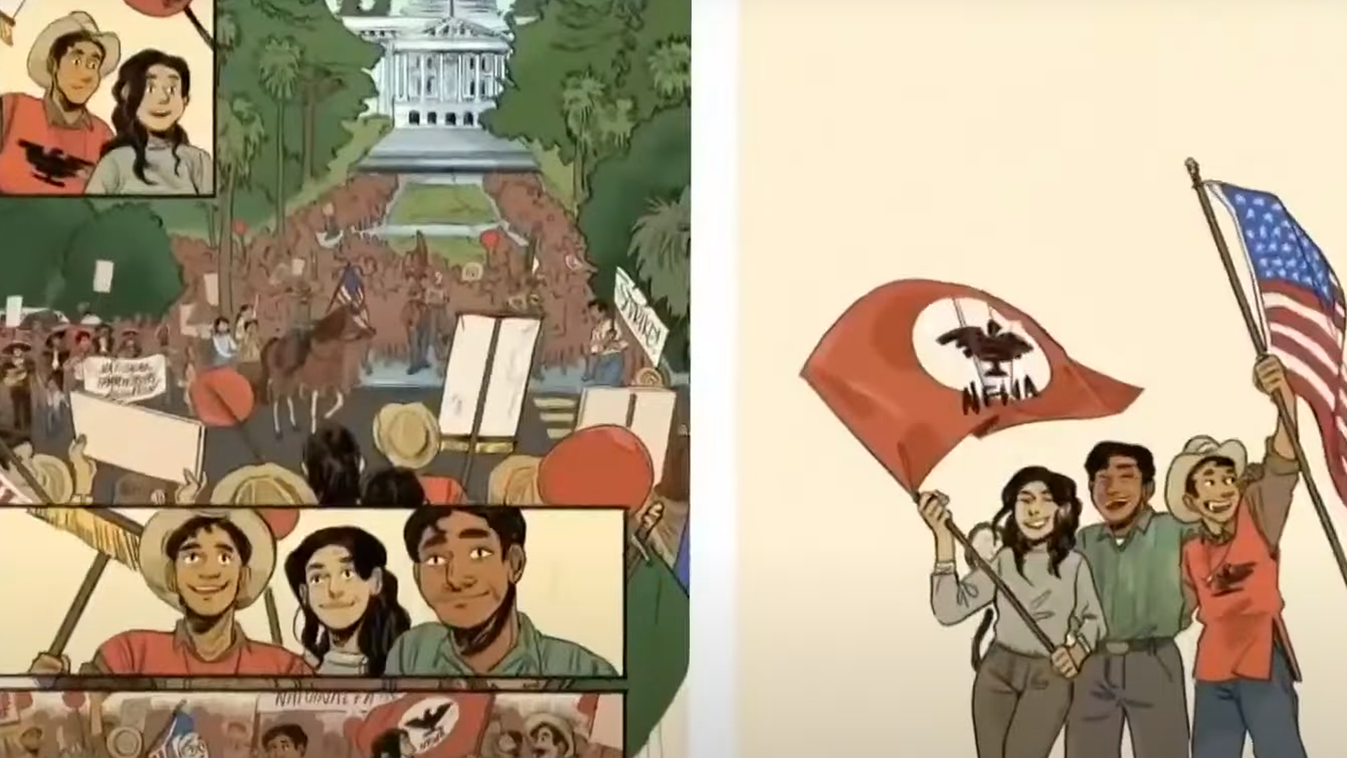 A drawing showing three people hold up an American flag and a United Farm Workers Union Flag