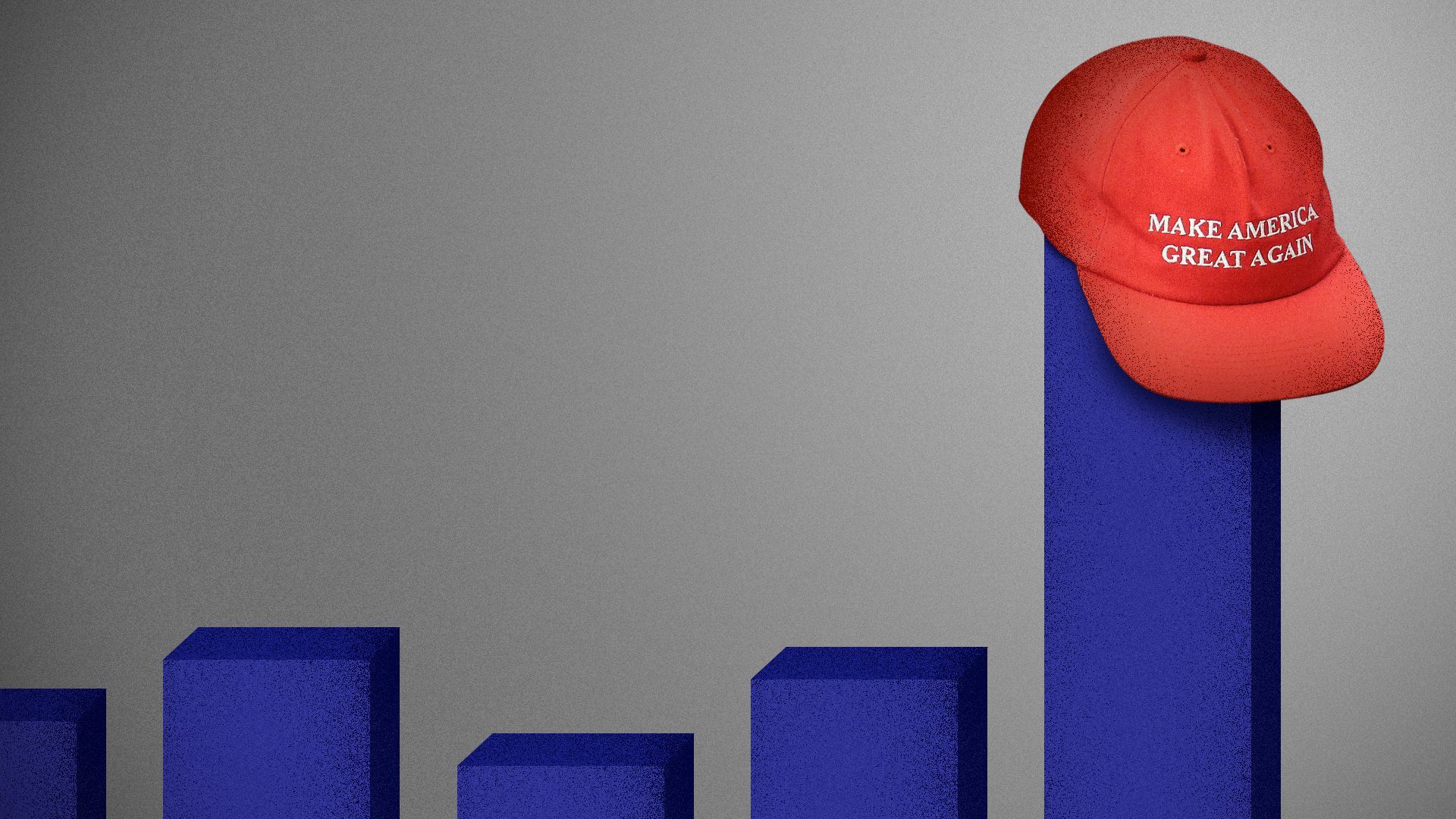 Photo illustration of bars on a bar chart with the last bar super tall and wearing a MAGA hat.