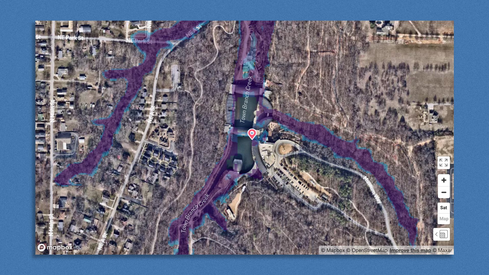 Screen shot of Flood Factor's satellite image of Crystal Bridges Museum of American Art and potential flood patterns.