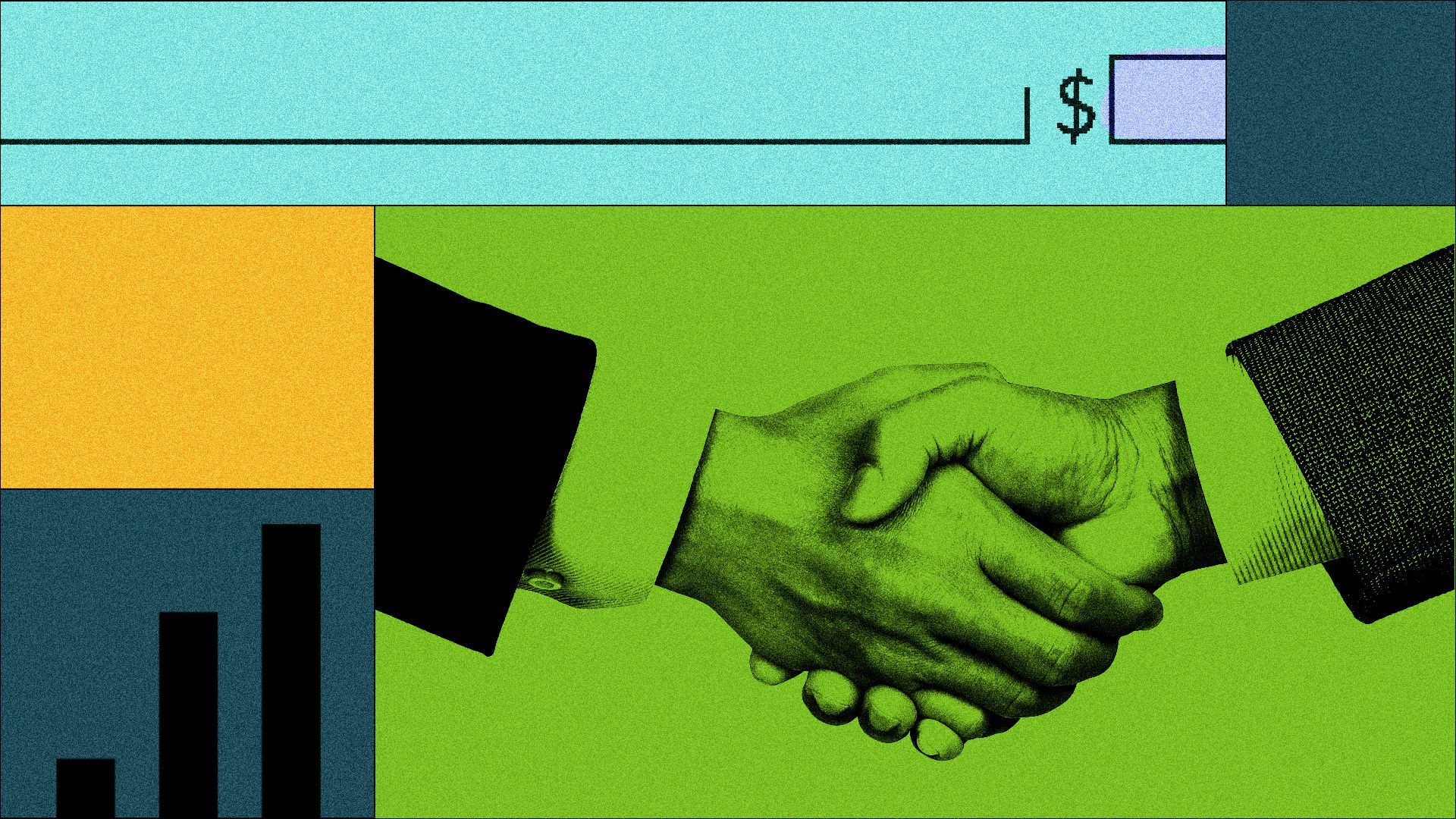 a collage of checks, a bar graph and a handshake