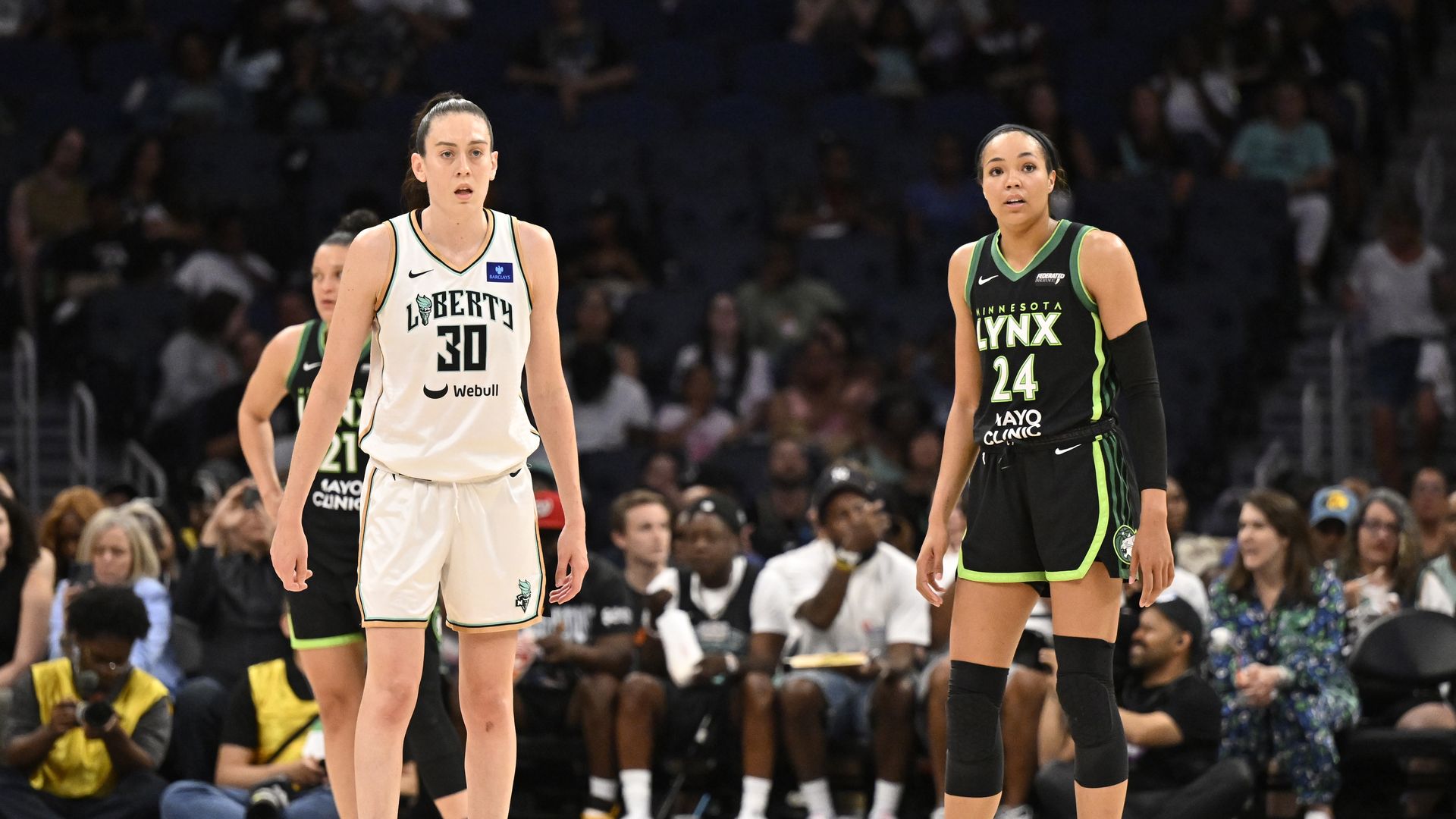 Breanna Stewart #30 of the New York Liberty and Napheesa Collier