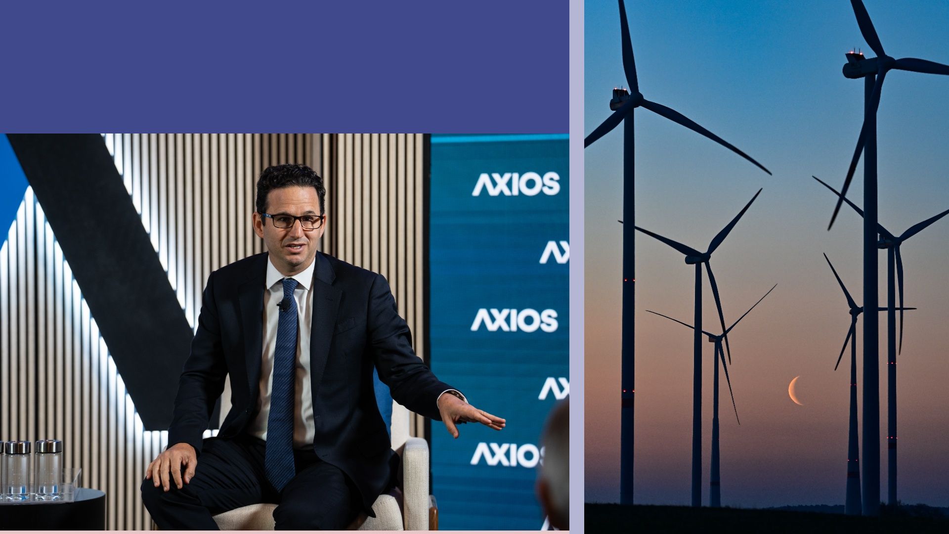 Photo of Sen. Brian Schatz at Axios House at NYC Climate Week, set against a wind turbine photo