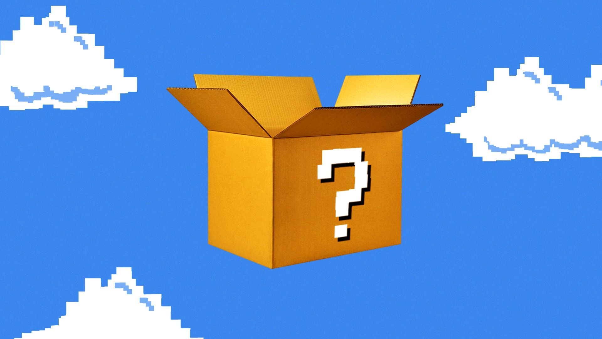 Illustration of a cardboard moving box as a Mario-style mystery box.