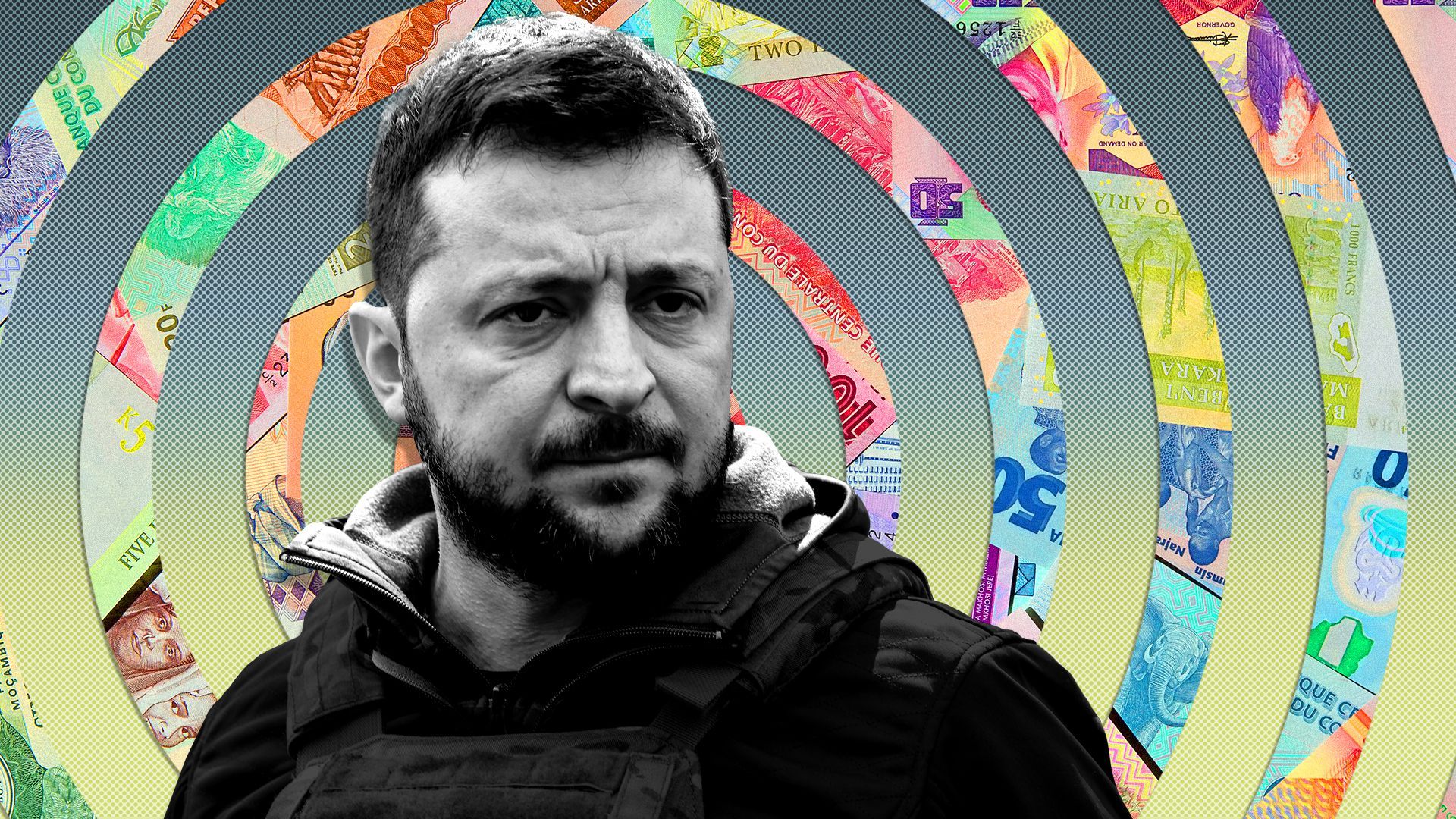 Photo illustration of Ukainian President Volodymyr Zelensky surrounded by circles of worldcurrency