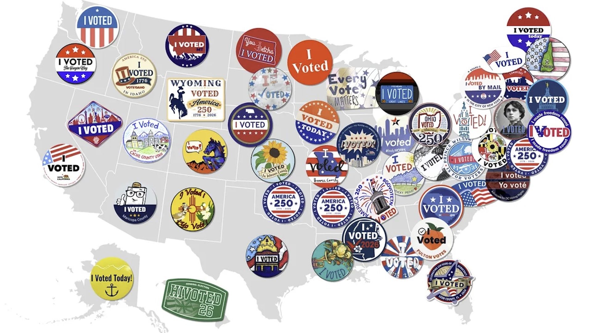 A map graphic shows what "I voted" stickers are used in each state.