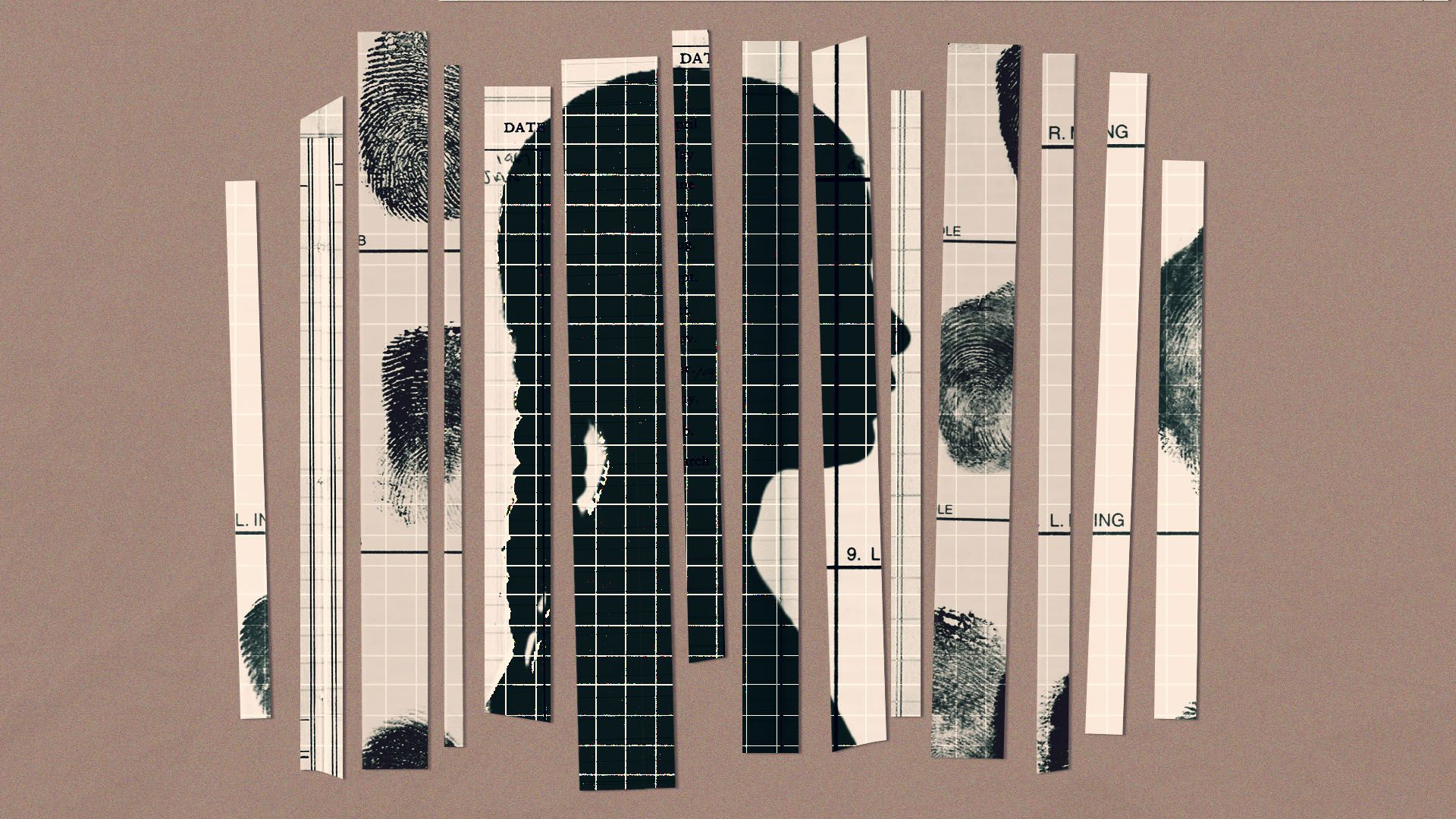 an illustration of cut up pieces of graph paper and police fingerprints with the silhouette of a young girl overlaid on them