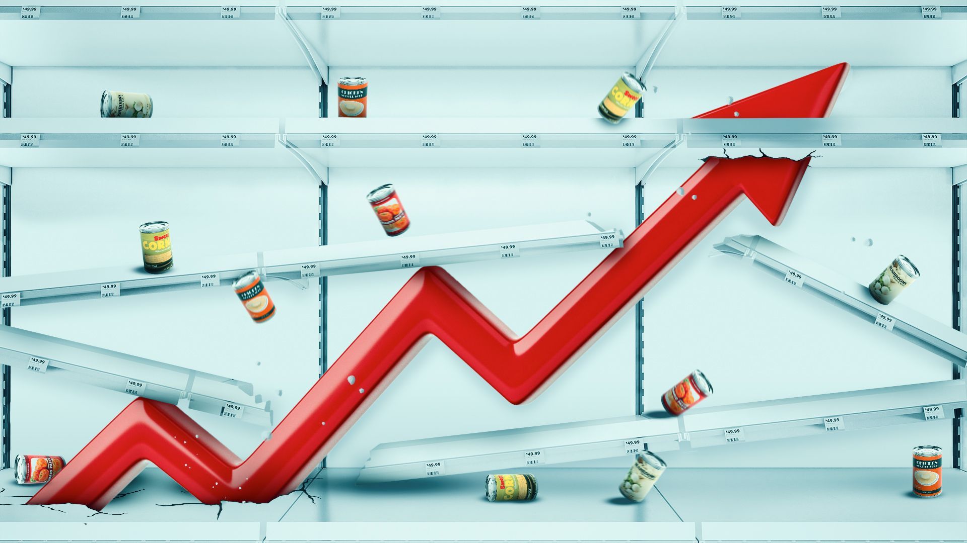 Illustration of a large red arrow breaking up through grocery shelves and knocking items off. 