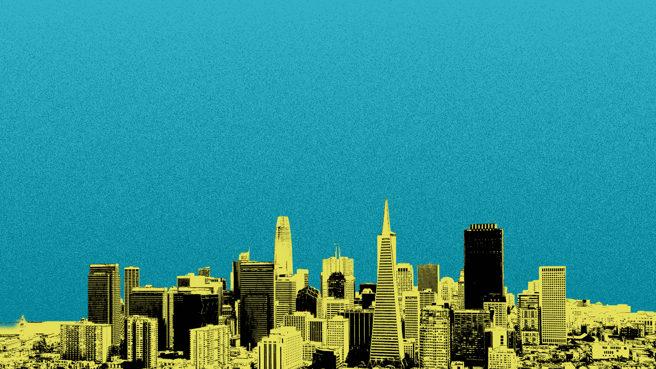 Animated illustration of the San Francisco skyline with word balloons with exclamation points in them popping up over it from left to right.