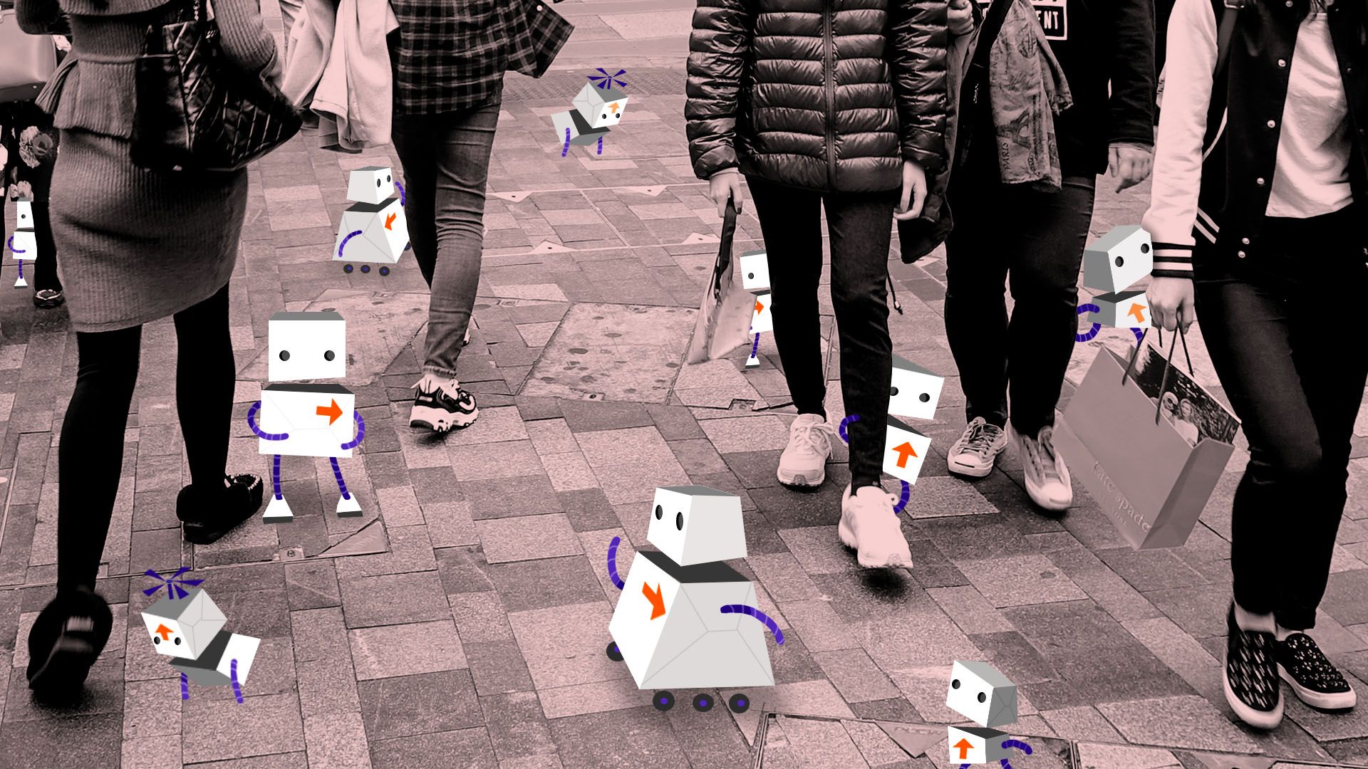 Illustration of cartoon FedEx robots populating a busy city sidewalk