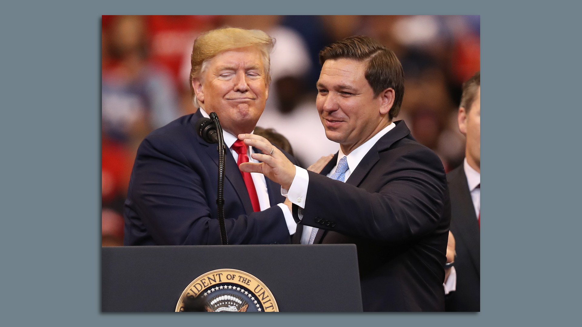SUNRISE, FLORIDA - NOVEMBER 26: U.S. President Donald Trump introduces Florida Governor Ron DeSantis during a homecoming campaign rally at the BB&T Center on November 26, 2019 in Sunrise, Florida. President Trump continues to campaign for re-election in the 2020 presidential race.