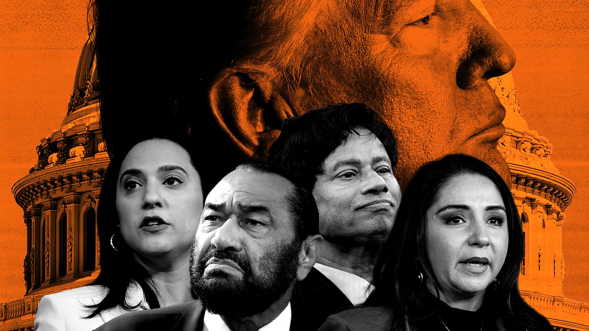 Photo illustration of Representatives Yassamin Ansari, Al Green, Shri Thanedar, and Delia Ramirez over a photo of President Trump and an image of the Capitol Building