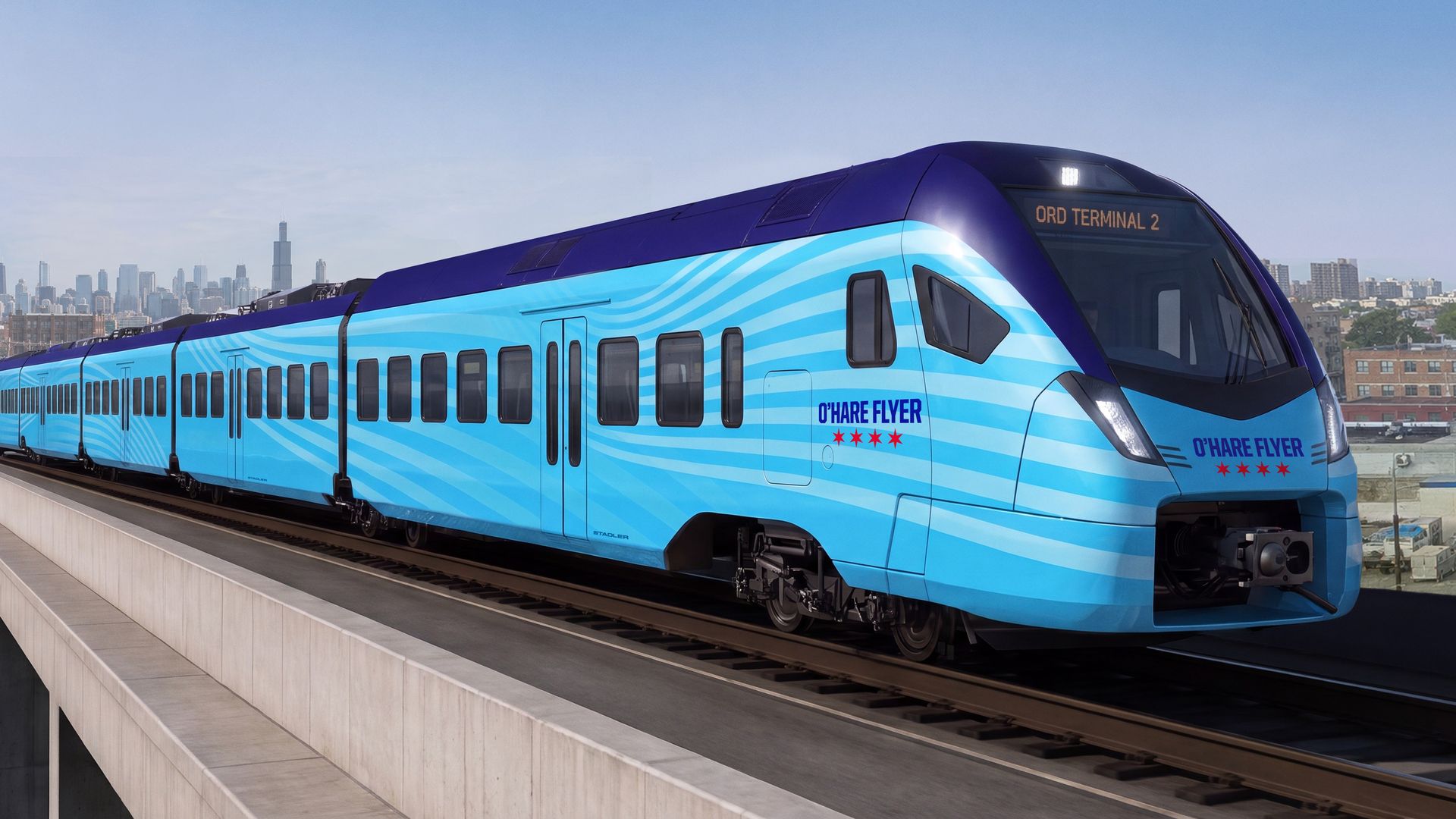 A sleek blue and cyan passenger train with wavy stripes on an elevated track, labeled "O'Hare Flyer"; city skyline in the background and a display reading "ORD TERMINAL 2".