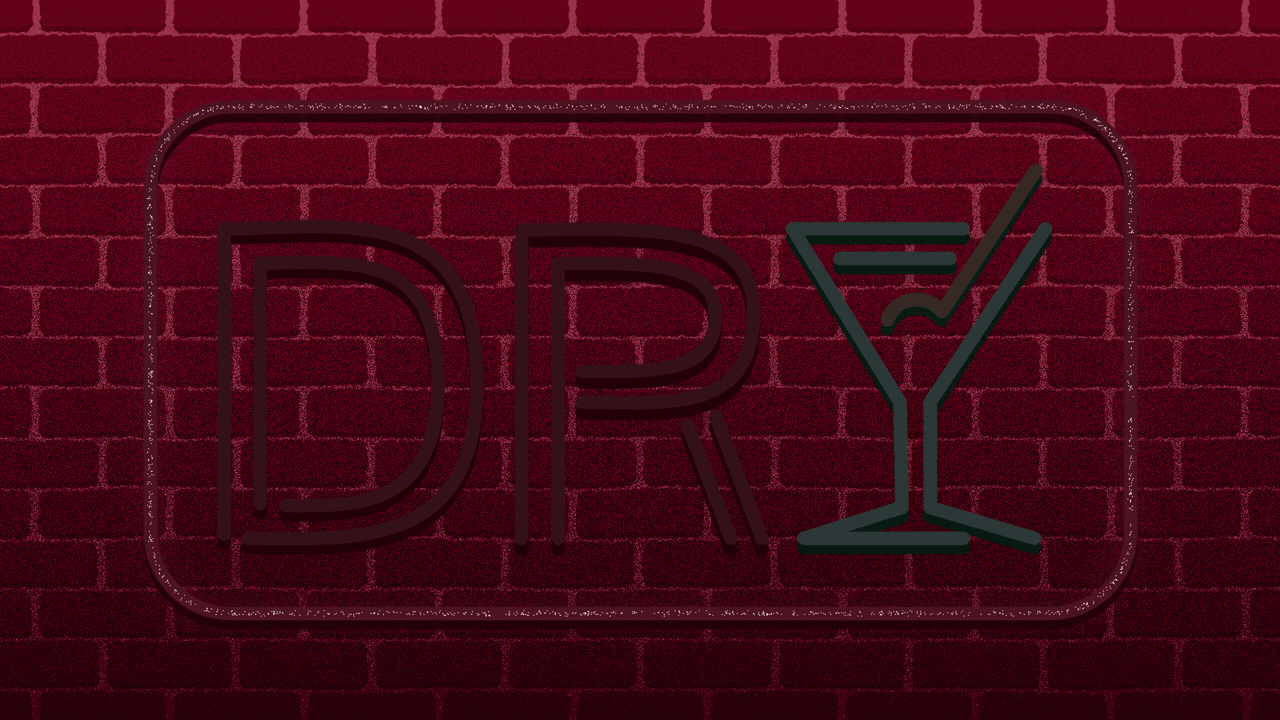 Illustration of a neon sign reading DRY, with a martini for a Y, lighting up.