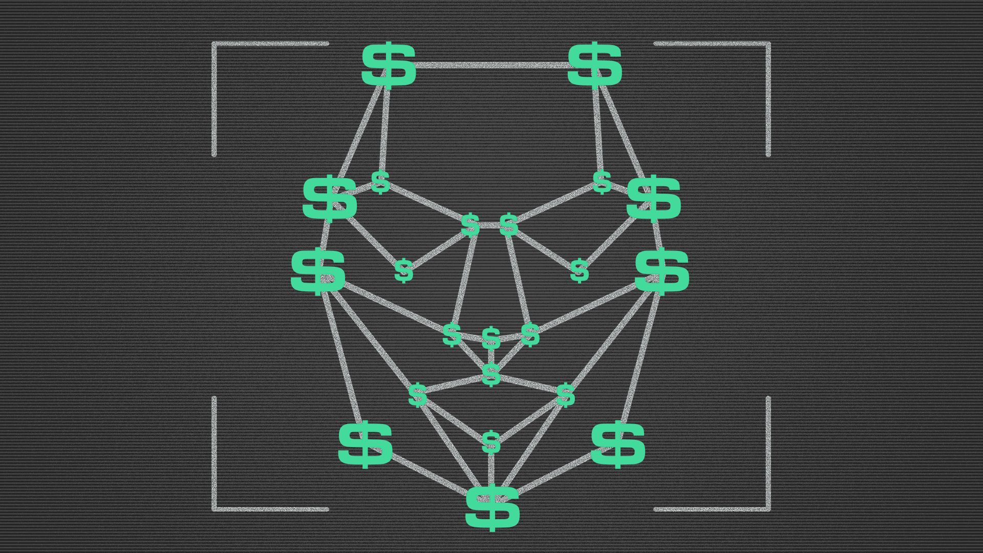 Illustration of a facial recognition grid with dollar signs at the points. 