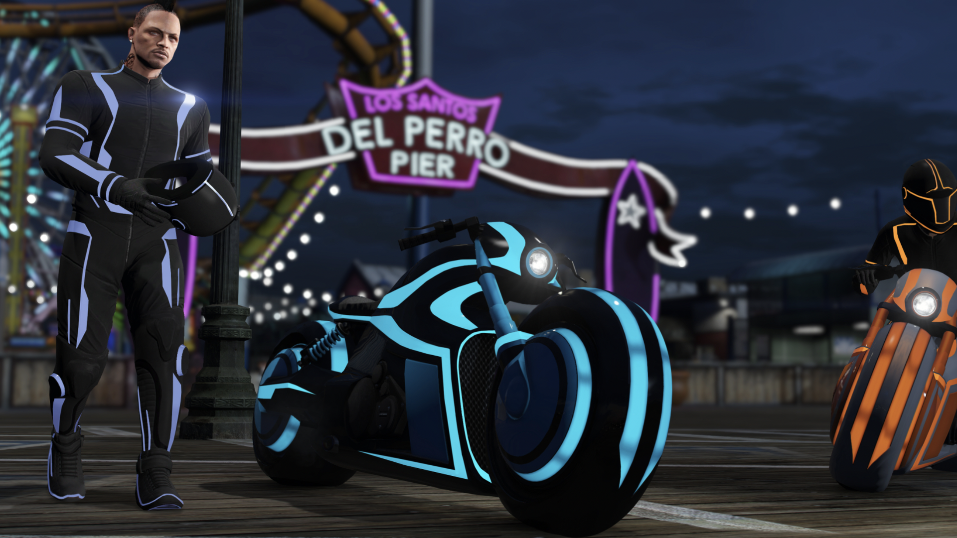Screenshot of a "Grand Theft Auto" where a character is wearing a black suit with purple neon stripes next to a black motorcycle with light blue neon stripes 