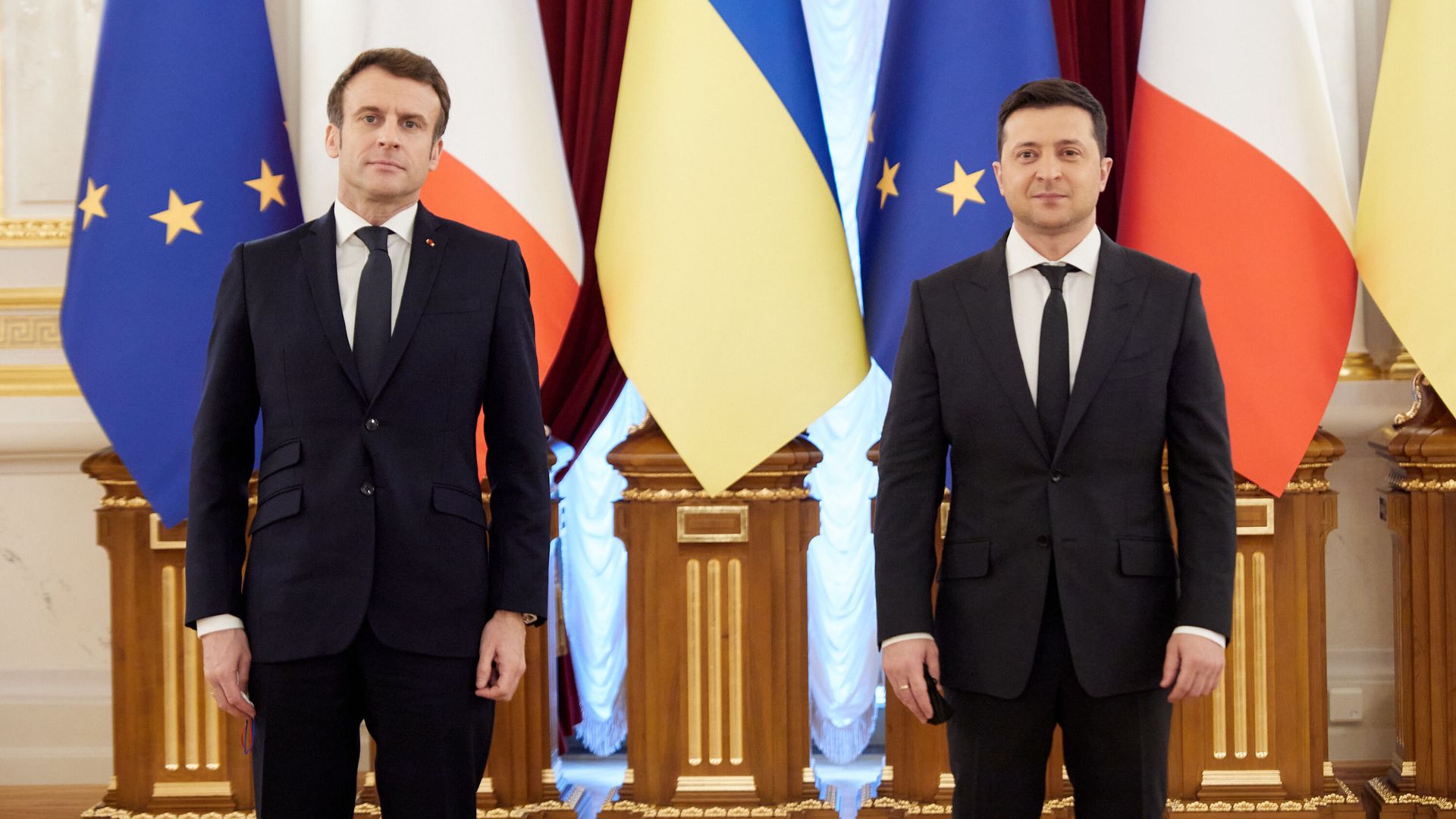 French President Emmanuel Macron is seen with Ukraine President Volodymyr Zelensky.