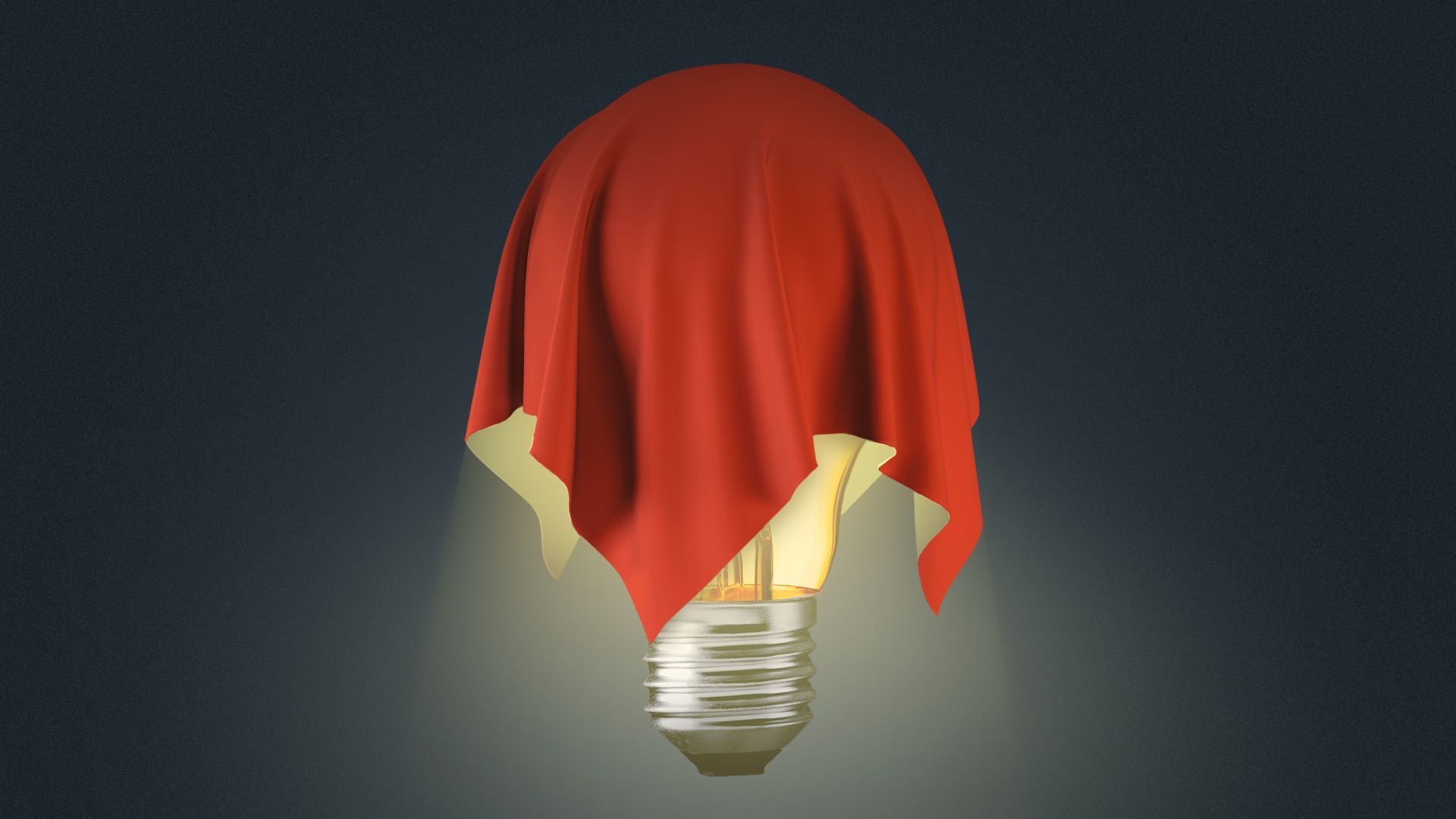 Illustration of a lit lightbulb being covered by a red sheet. 