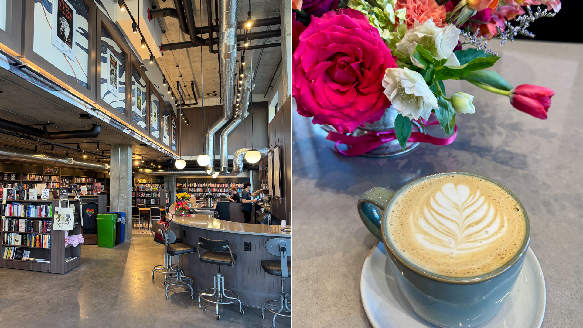 A split-screen image of a high-ceilinged bookstore on the left and a latte with flowers on the right