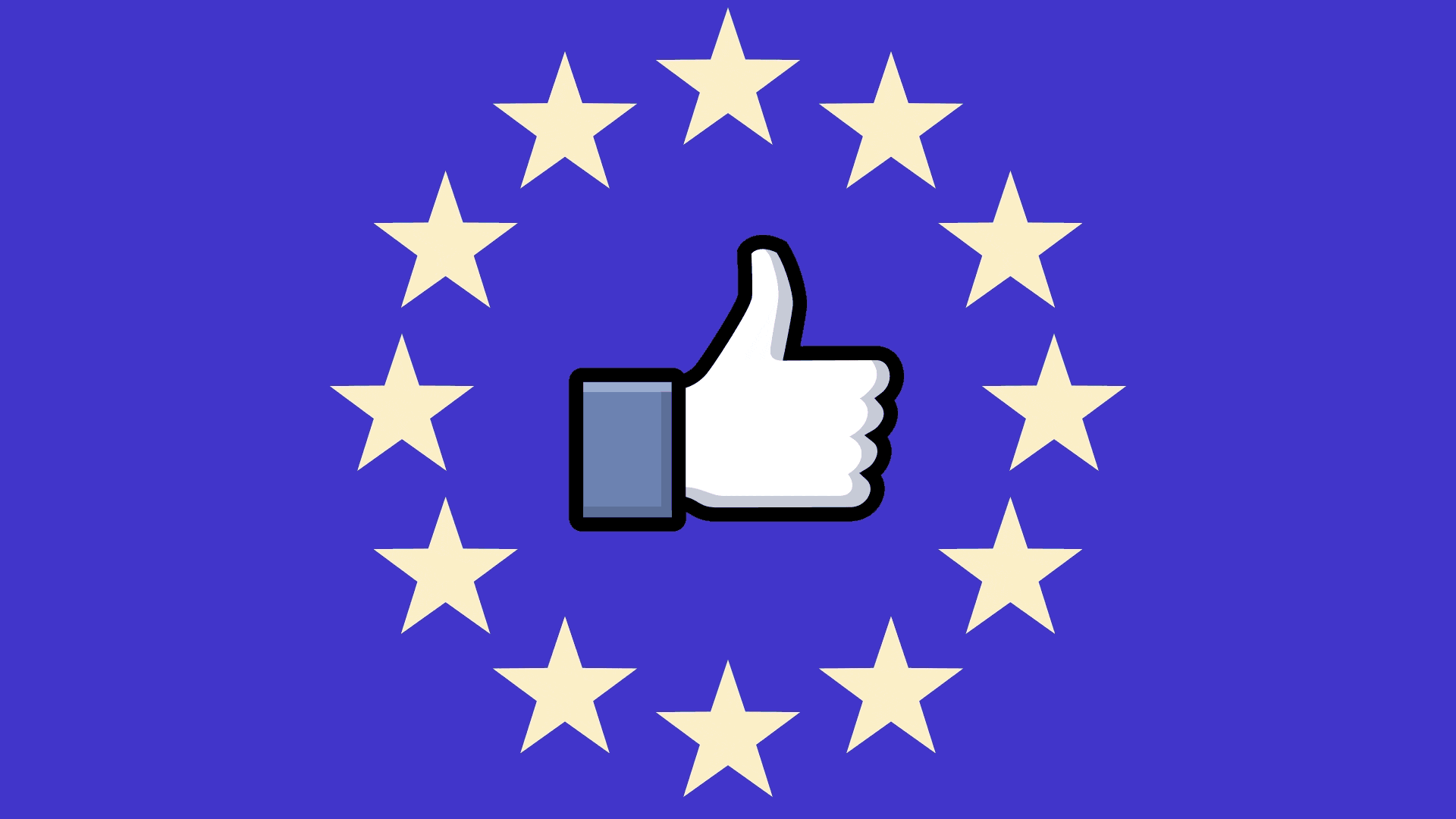 Illustration of EU flag star pattern closing in on a Facebook "like" icon with thumb lifting and falling
