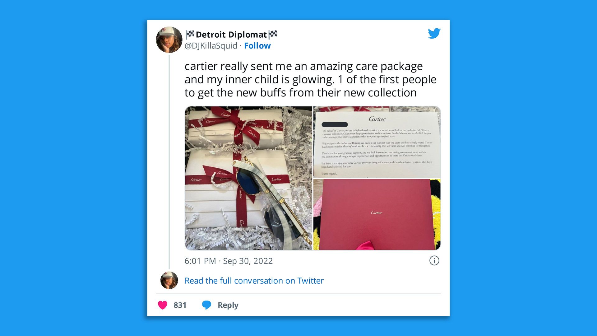 Screenshot of DJ Killa Squid on Twitter announcing she had received free Cartier's