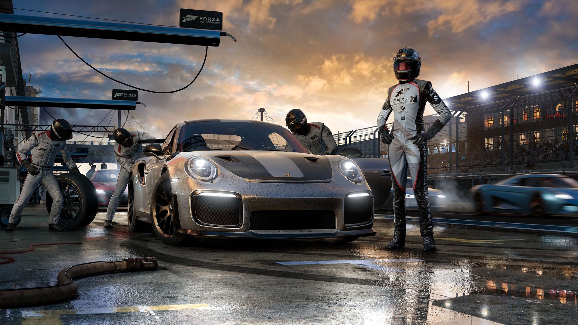 Screenshot of a race car in a pit stop