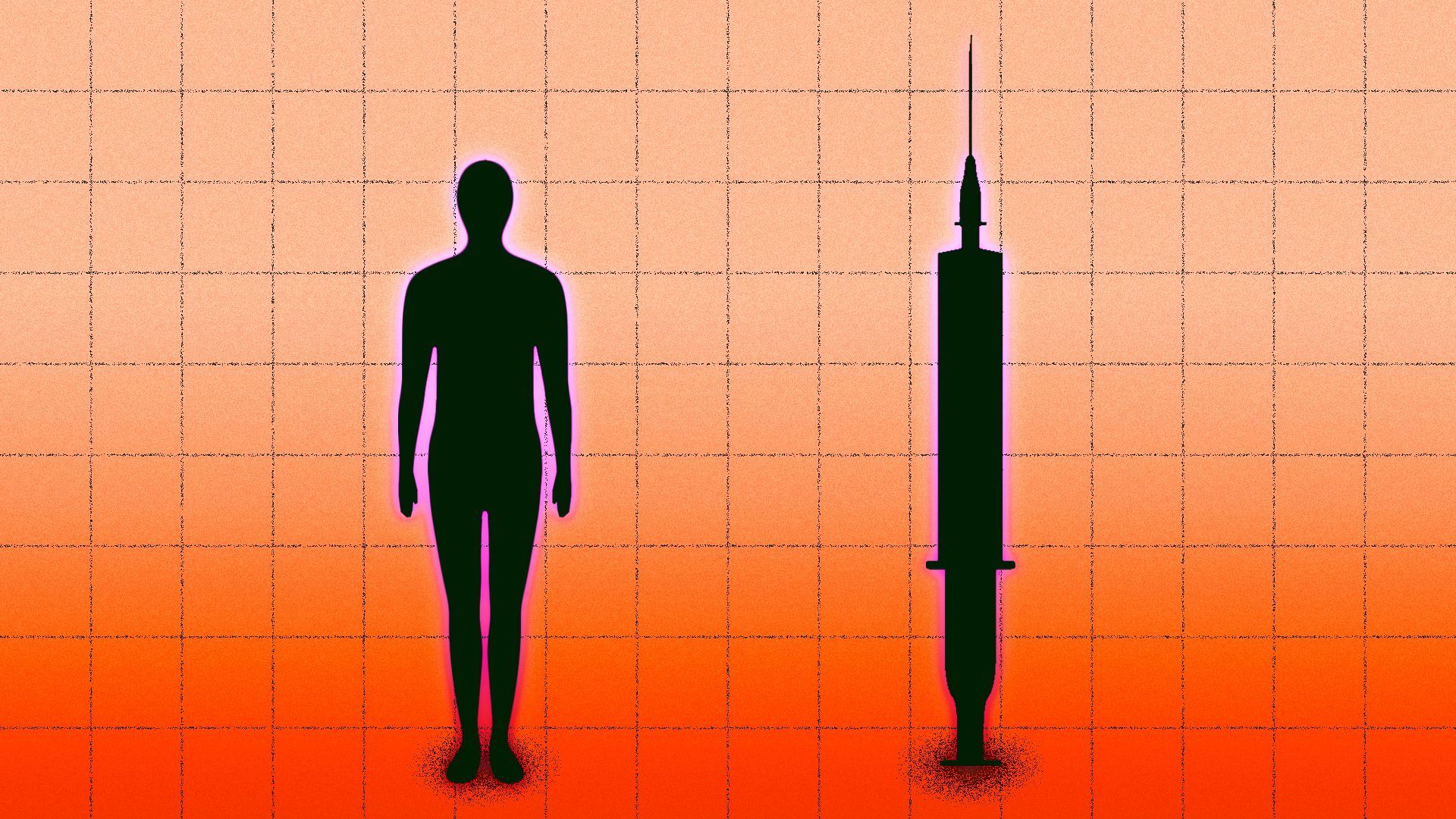 Illustration of a human silhouette next to a vaccine syringe silhouette 