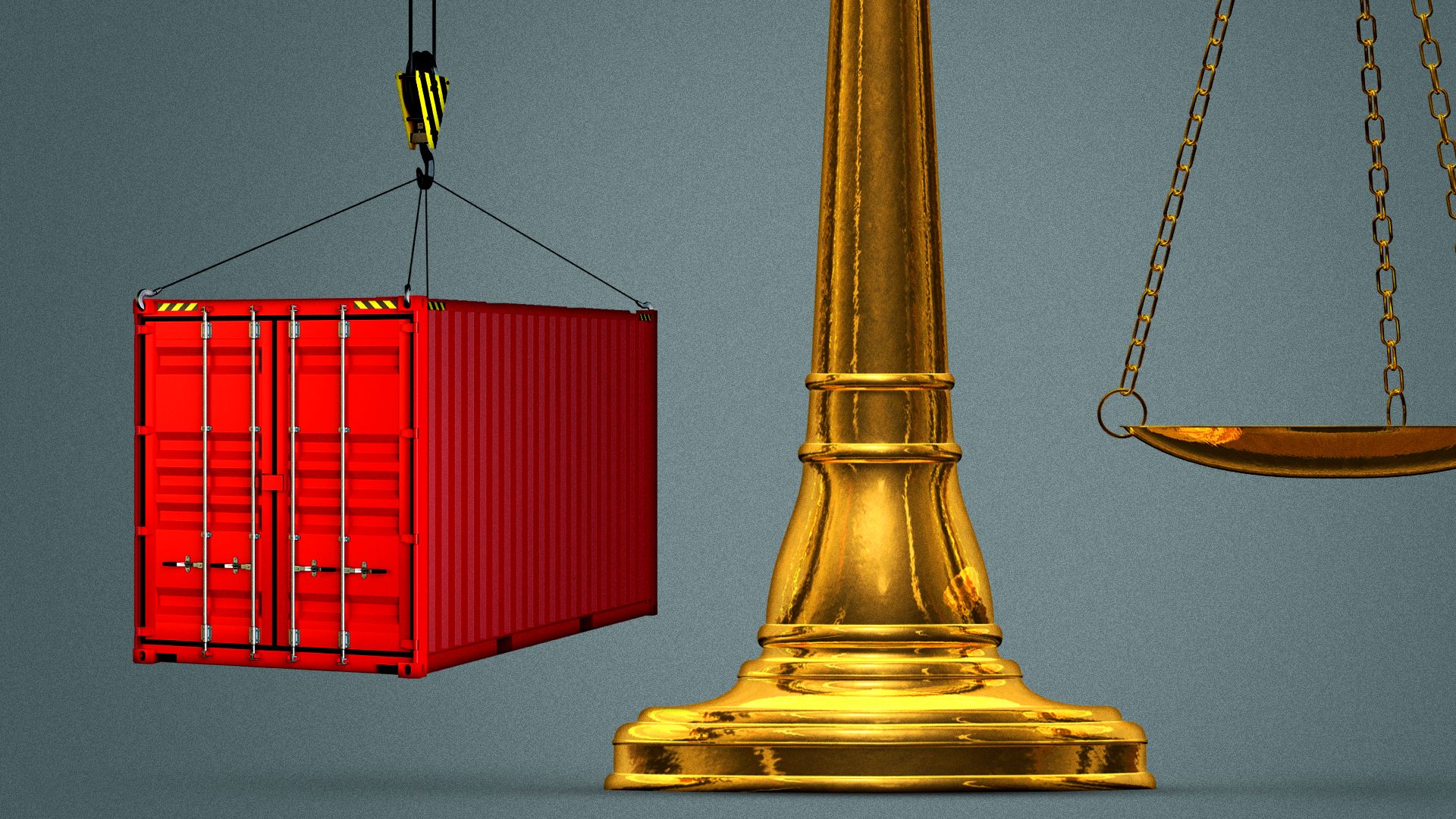 Illustration of a cargo container replacing one half of the scales of justice. 