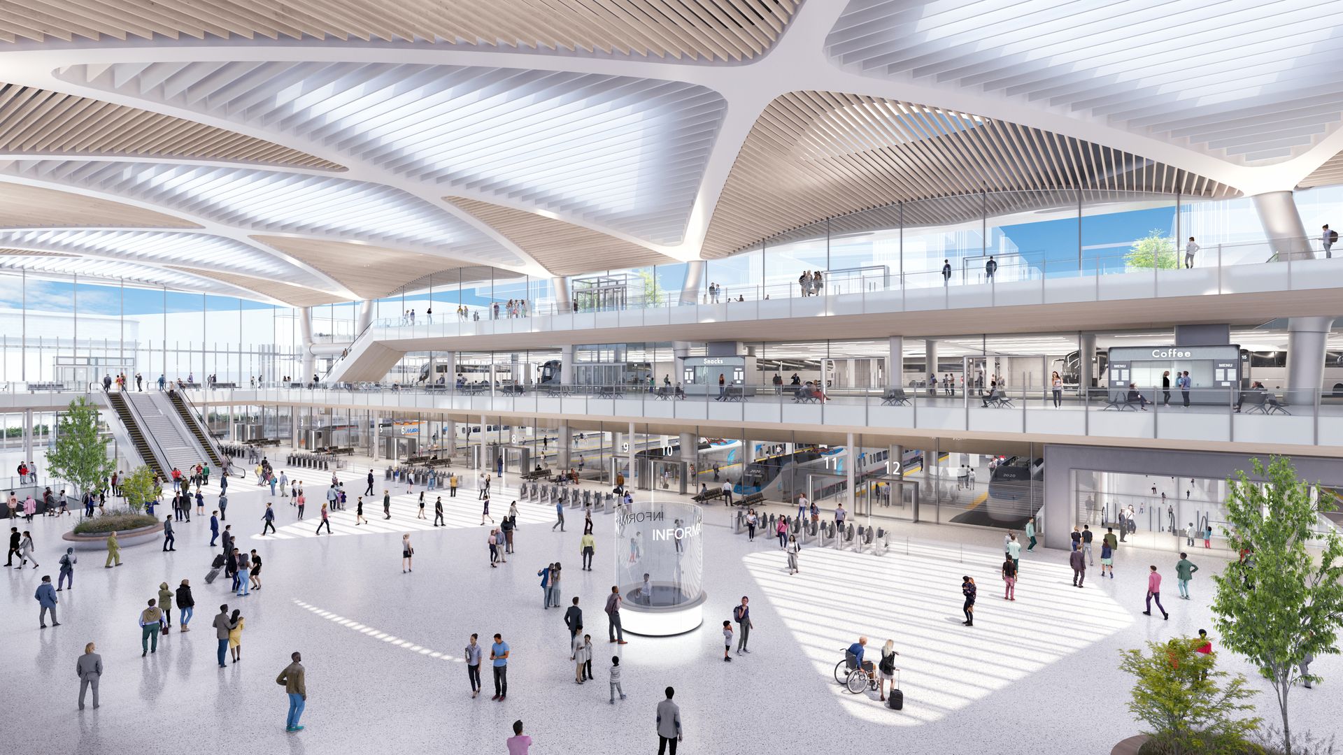 A rendering of a futuristic train hall with passengers walking around.
