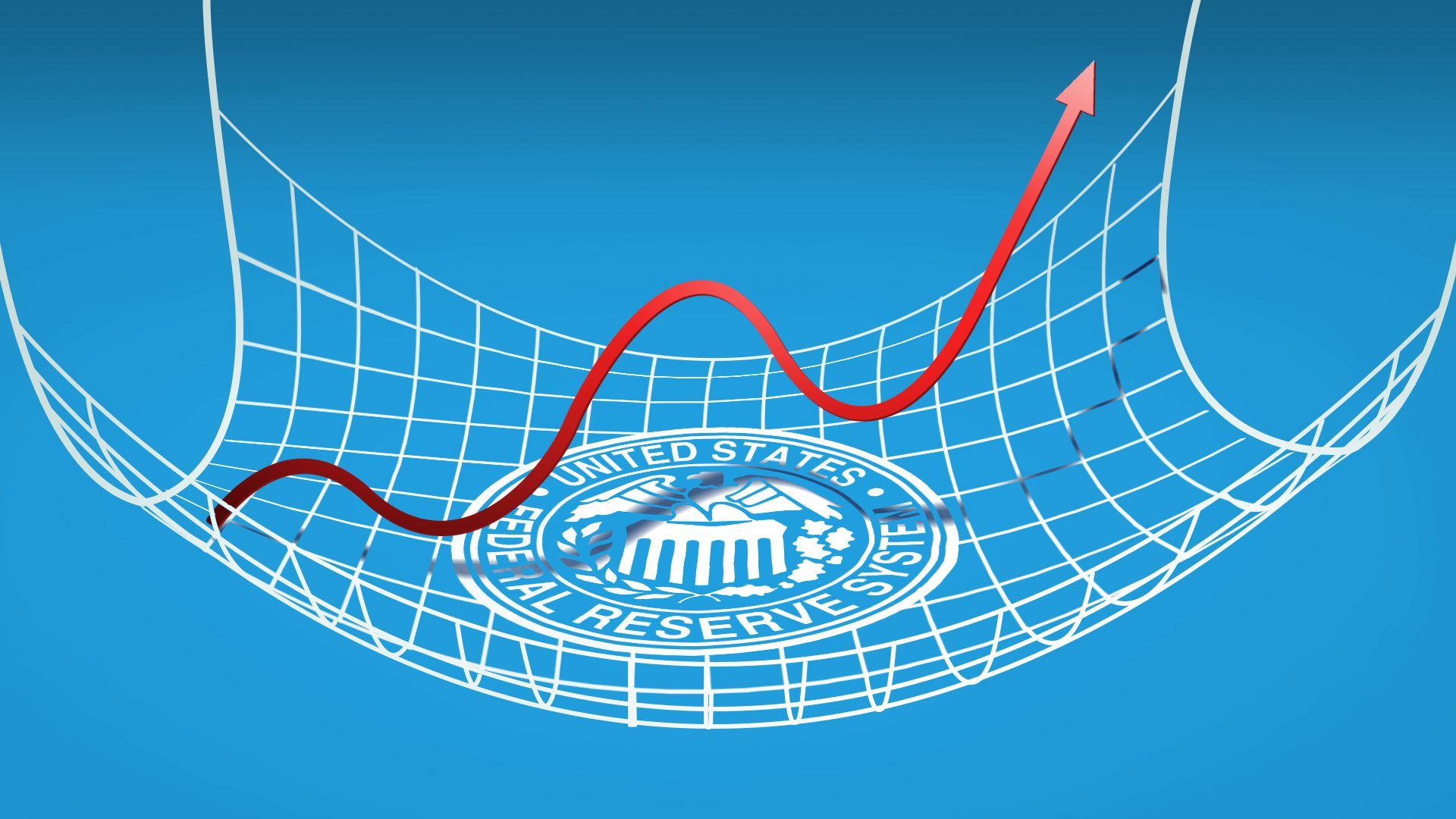 Illustration of a stock trend line bouncing upward from a safety net with the Federal Reserve seal in the center