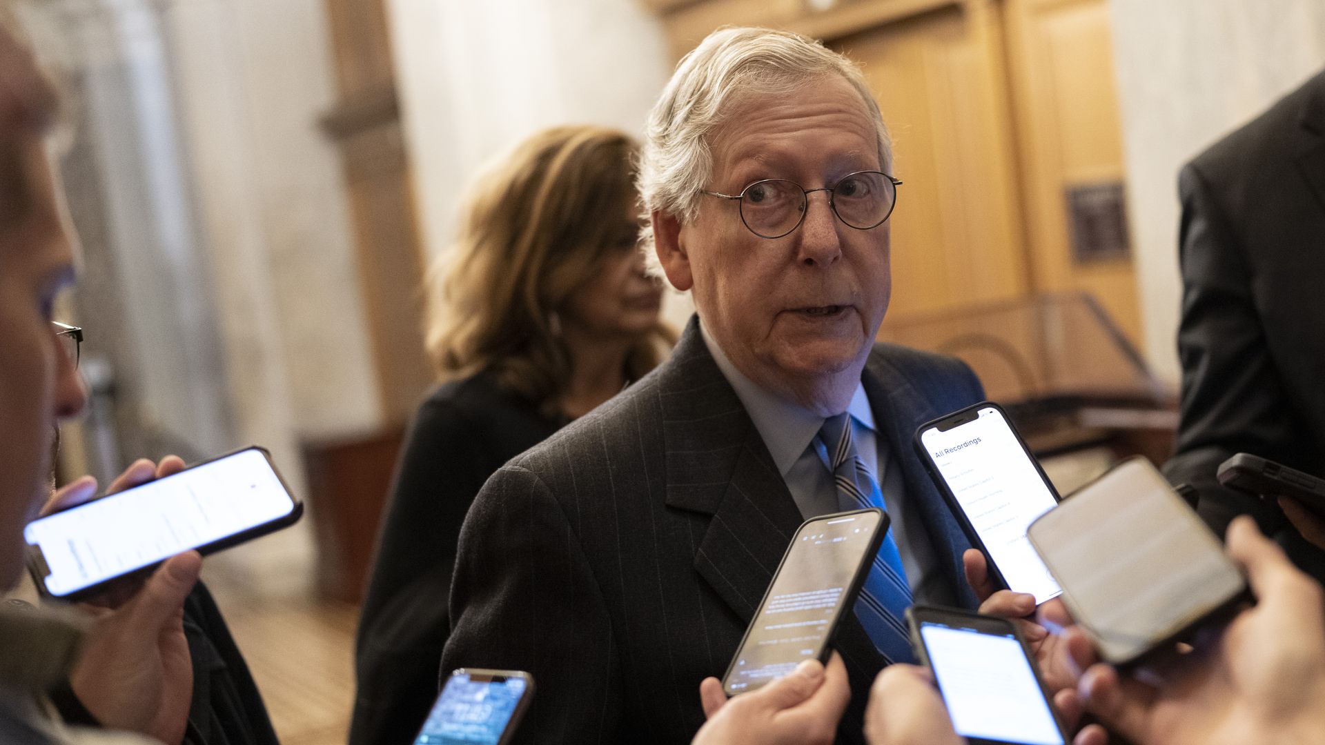 Senate Minority Leader Mitch McConnell (R-KY) speaks to reporters at the U.S. Capitol after his meeting at the White House with President Joe Biden and Congressional leaders November 29, 2022
