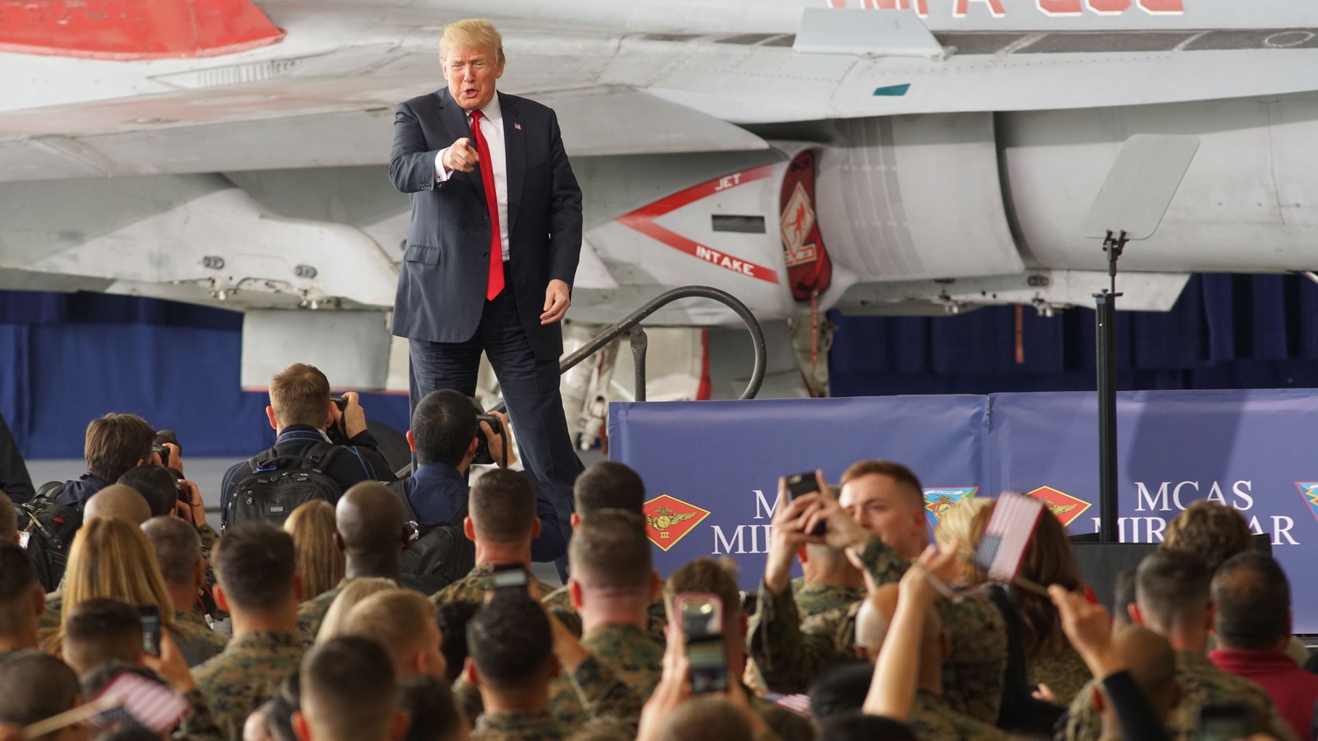 President Donald Trump addresses troops at Miramar Marine Corp Air Station in California.