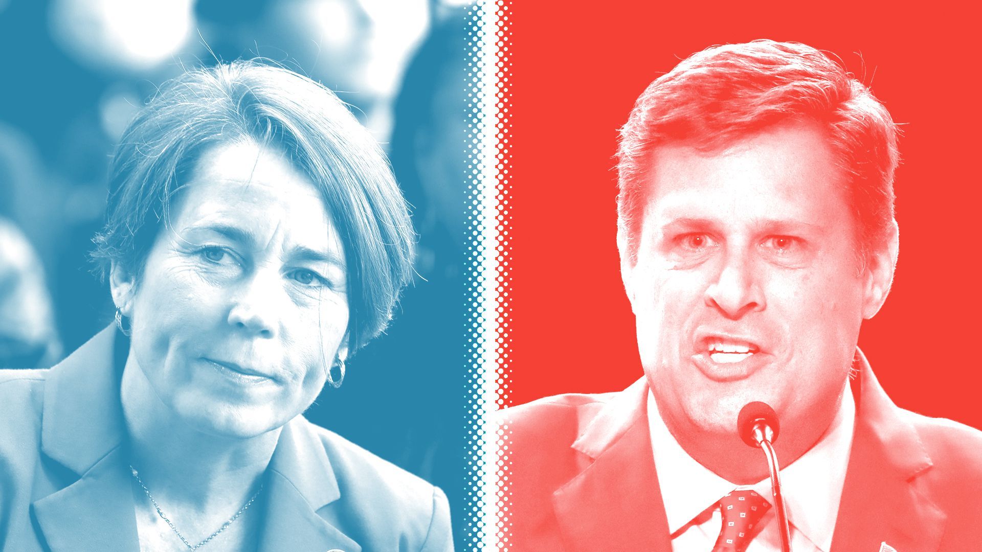 Photo illustration of Maura Healey tinted blue and Geoff Diehl tinted red separated by a white halftone divider.