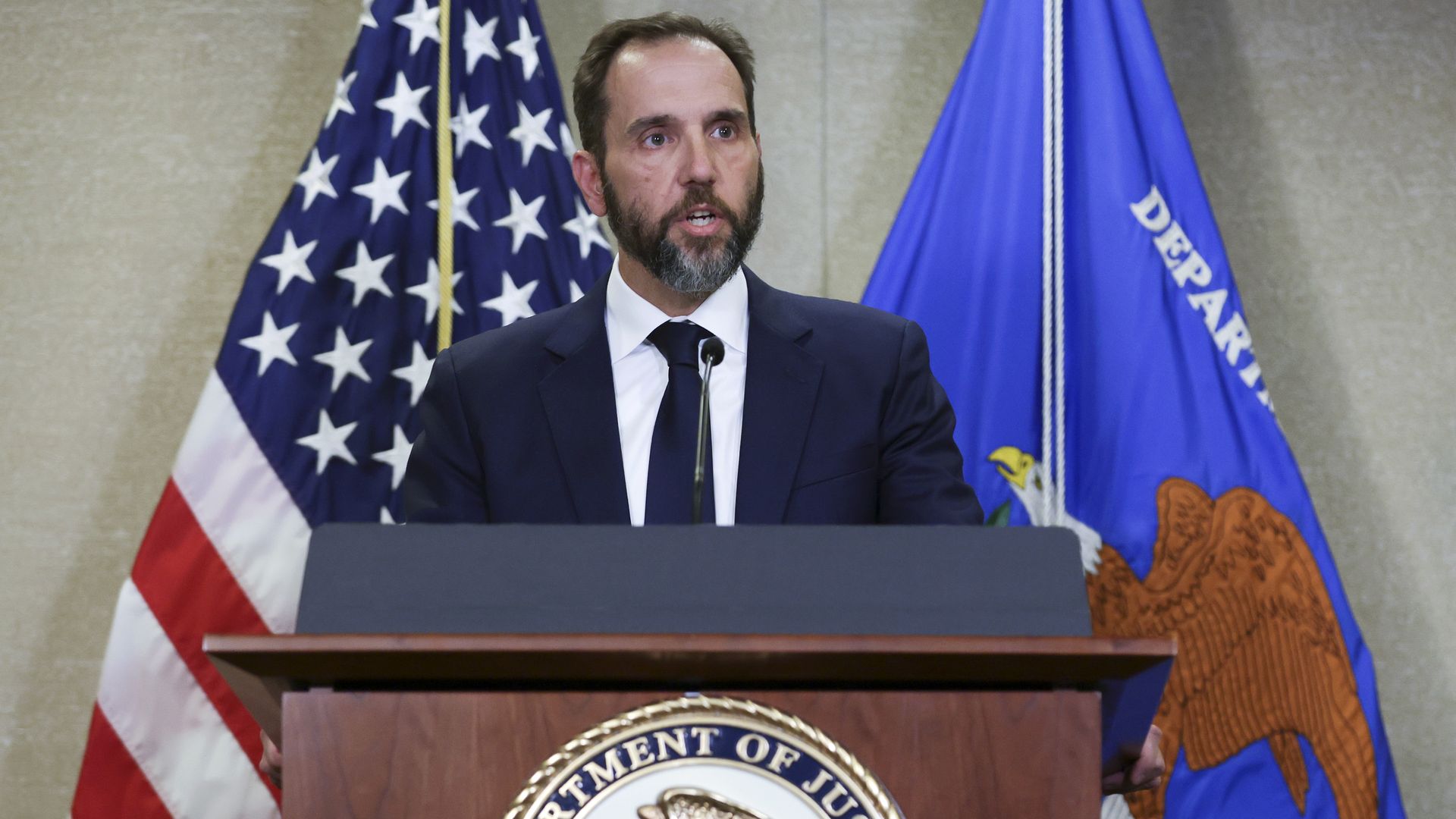 Jack Smith delivers remarks on a recently unsealed indictment including four felony counts against former U.S. President Donald Trump at the Justice Department on August 1, 2023 in Washington, DC. Trump was indicted on four felony counts for his alleged efforts to overturn the 2020 election. (Photo 