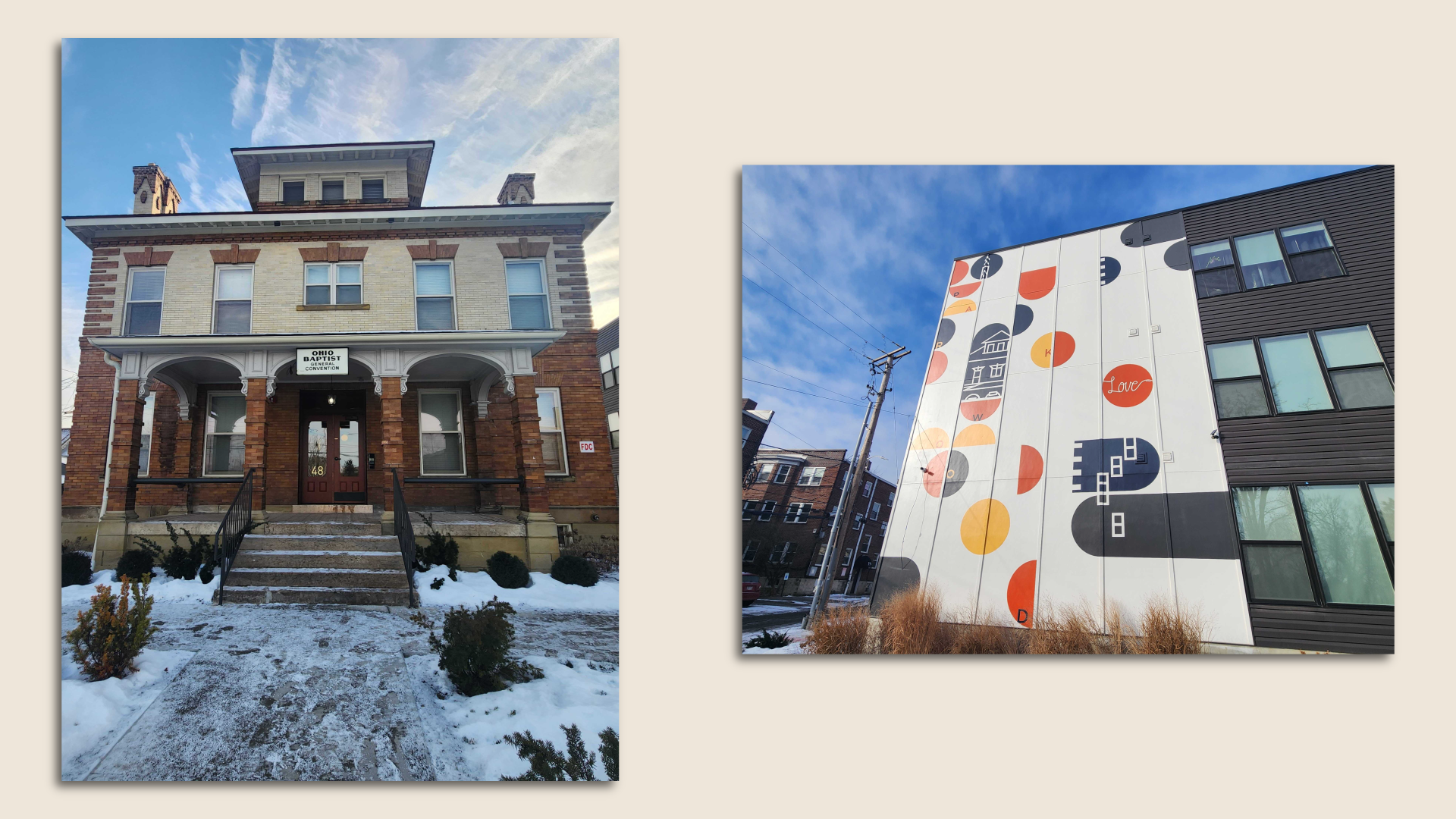 Two photos of the restored facade of the former Ohio Baptist General Association.